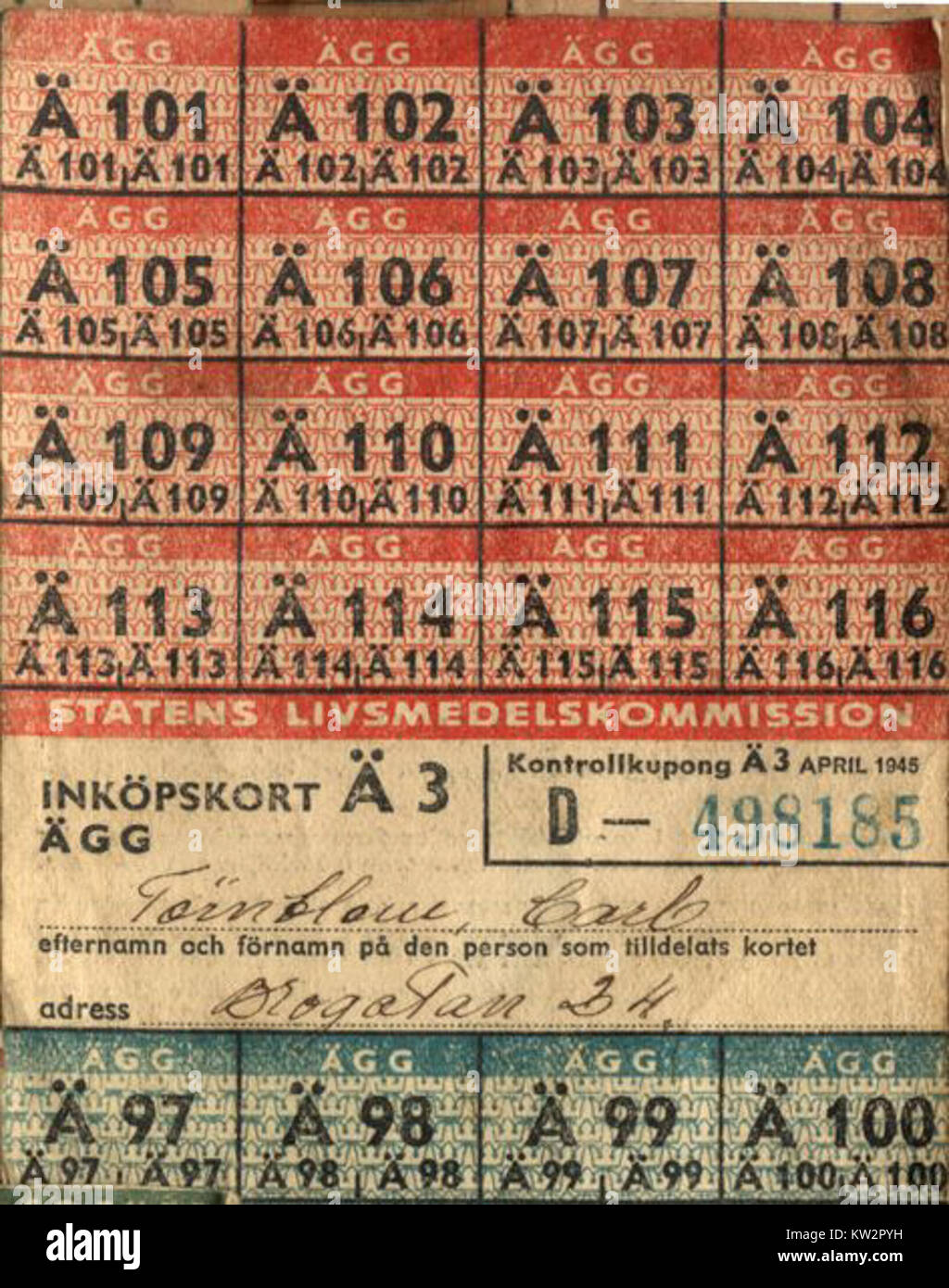 Le Ransoneringskort, o carte di razionamento, furono emesse durante i periodi di scarsità, in particolare durante la guerra. Queste carte sono state utilizzate per allocare risorse limitate come cibo e carburante, garantendo un'equa distribuzione tra i cittadini. Foto Stock