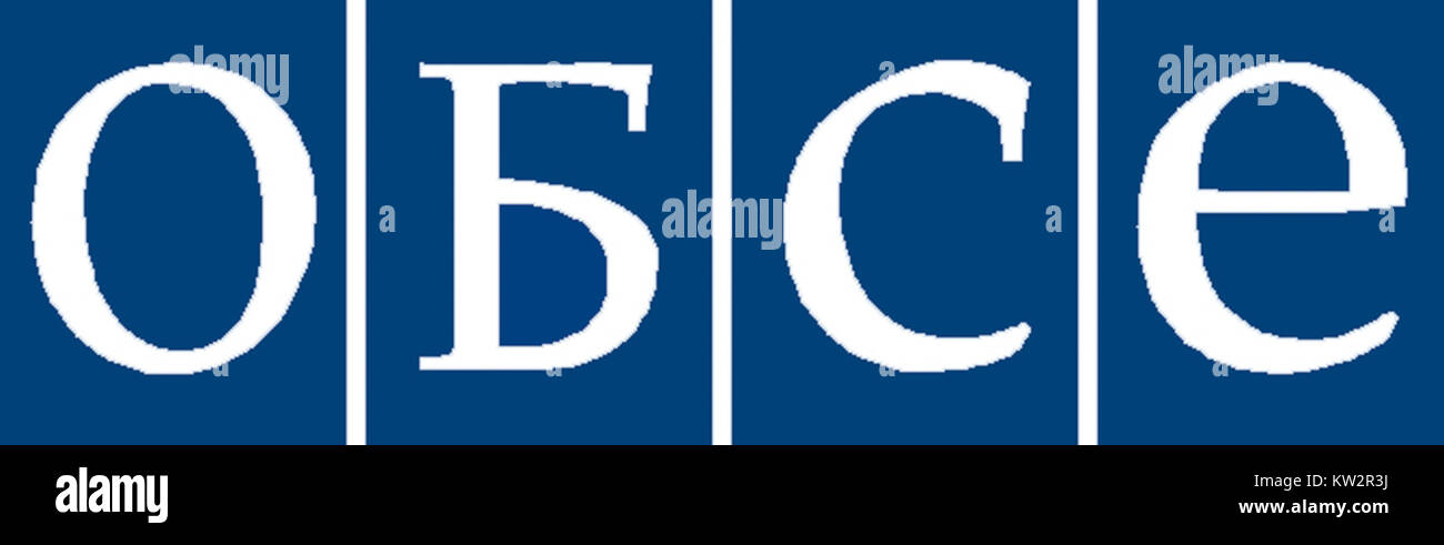 Il logo OSCE (Organizzazione per la sicurezza e la cooperazione in Europa) è un emblema dell'organizzazione, evidenziando il suo ruolo nel promuovere la sicurezza e la cooperazione in tutta Europa, Russia compresa. Foto Stock