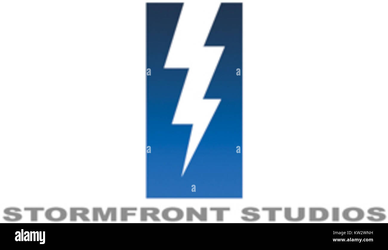 Il logo Stormfront Studios rappresenta il marchio di uno studio noto per le sue opere creative nell'intrattenimento, che mostra la sua identità artistica. Foto Stock