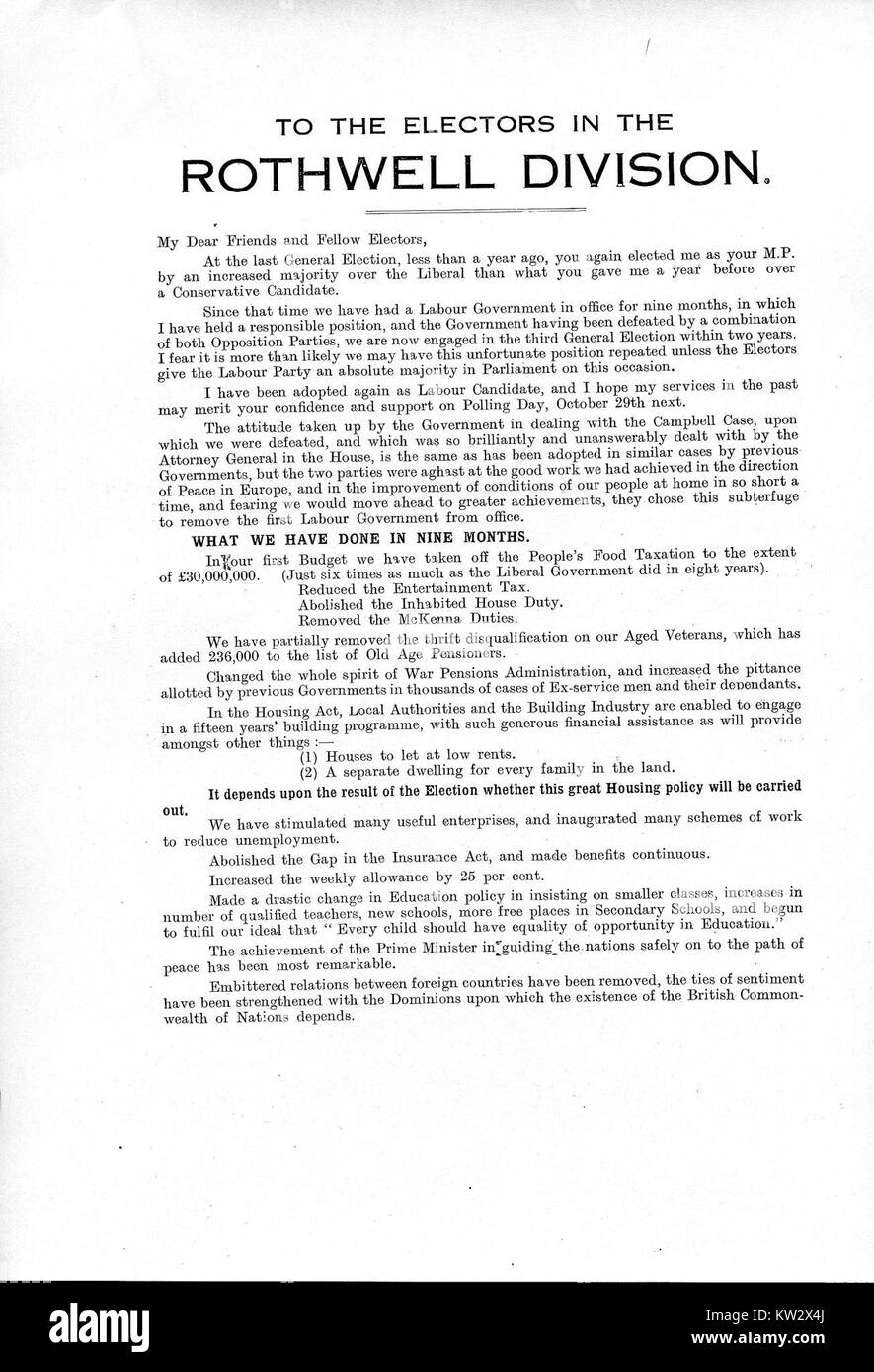 The UK Election Flyer del 1924, con William Lunn, membro del Parlamento per Rothwell. Il volantino evidenzia i punti della sua campagna e la sua piattaforma politica durante le elezioni generali di quell'anno. Foto Stock