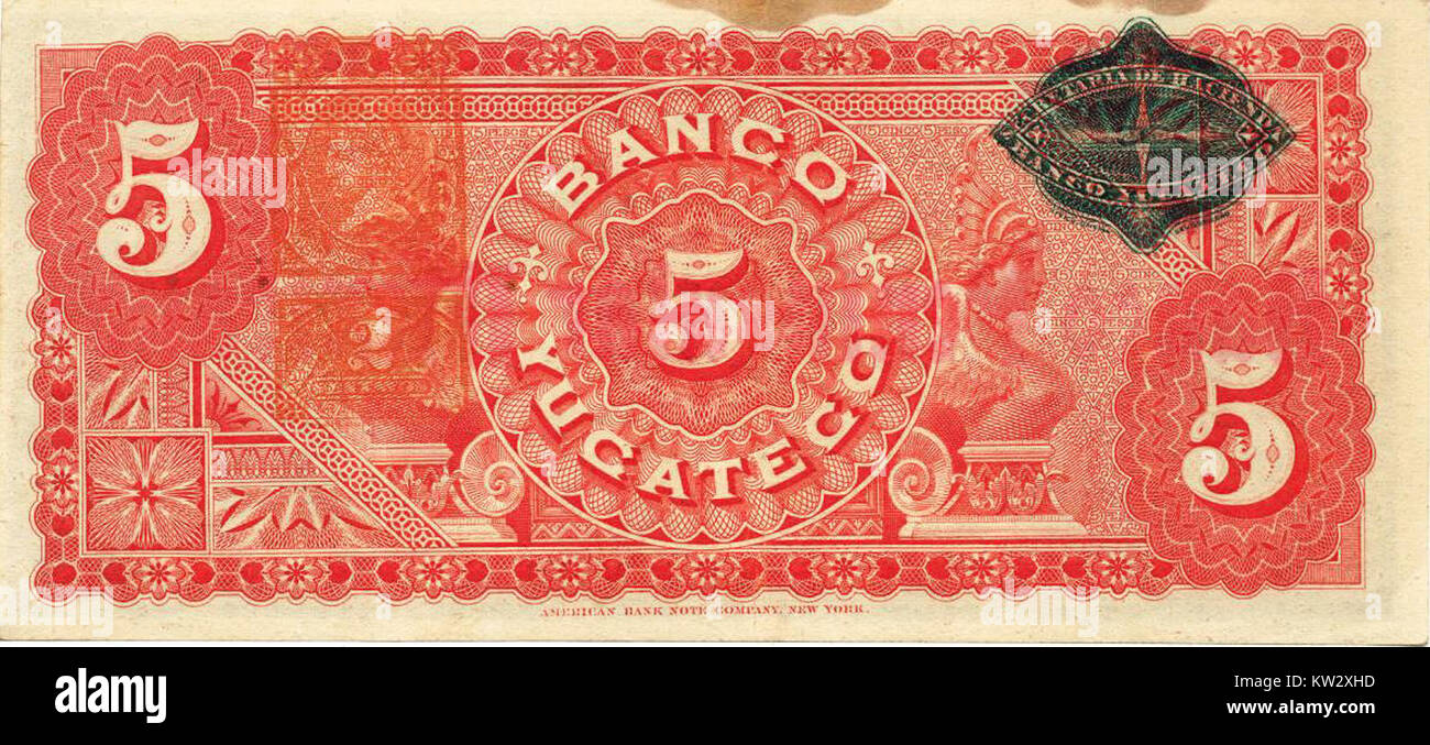 Billete de 5 pesos del Banco Yucateco (Reselllo del Banco Peninsular Mexicano)(reverso) Foto Stock
