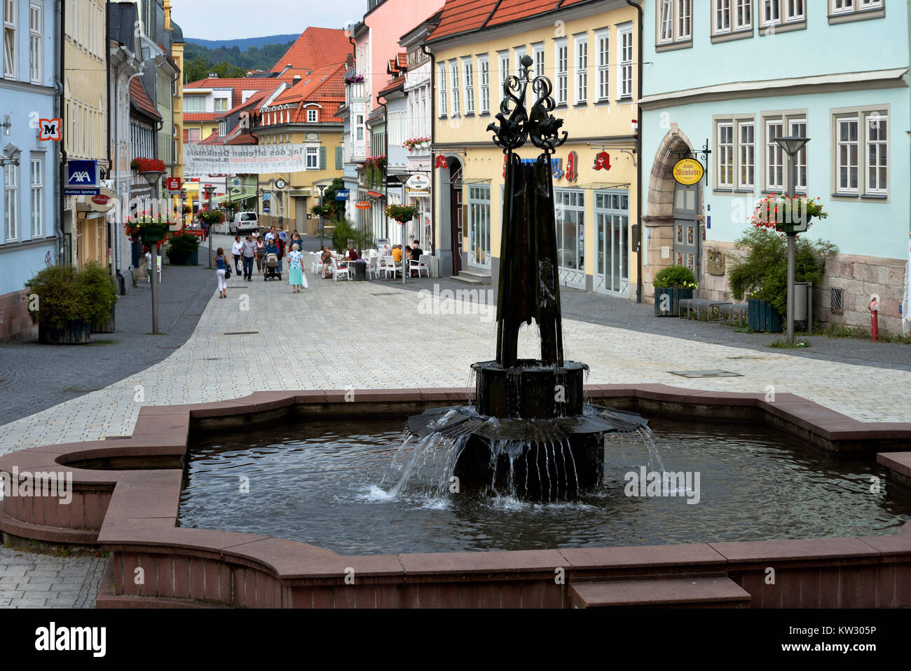 Bird's Wells in the pelican crossing in pietra, Turingia, Wallowing, Vogelbrunnen in der Fussgaengerzone Steinweg, Thueringen, Suhl Foto Stock