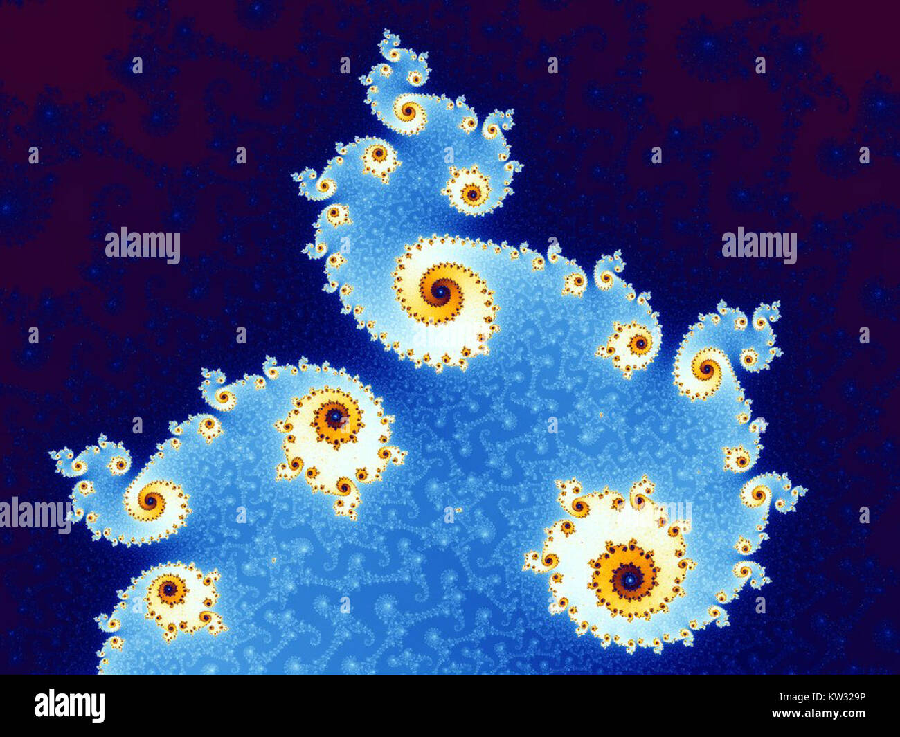 Un'immagine catturata utilizzando una tecnica di zoom Mandel, che mostra un modello frattale simile a un'isola a spirale, che illustra l'intersezione tra matematica e arte visiva. Foto Stock