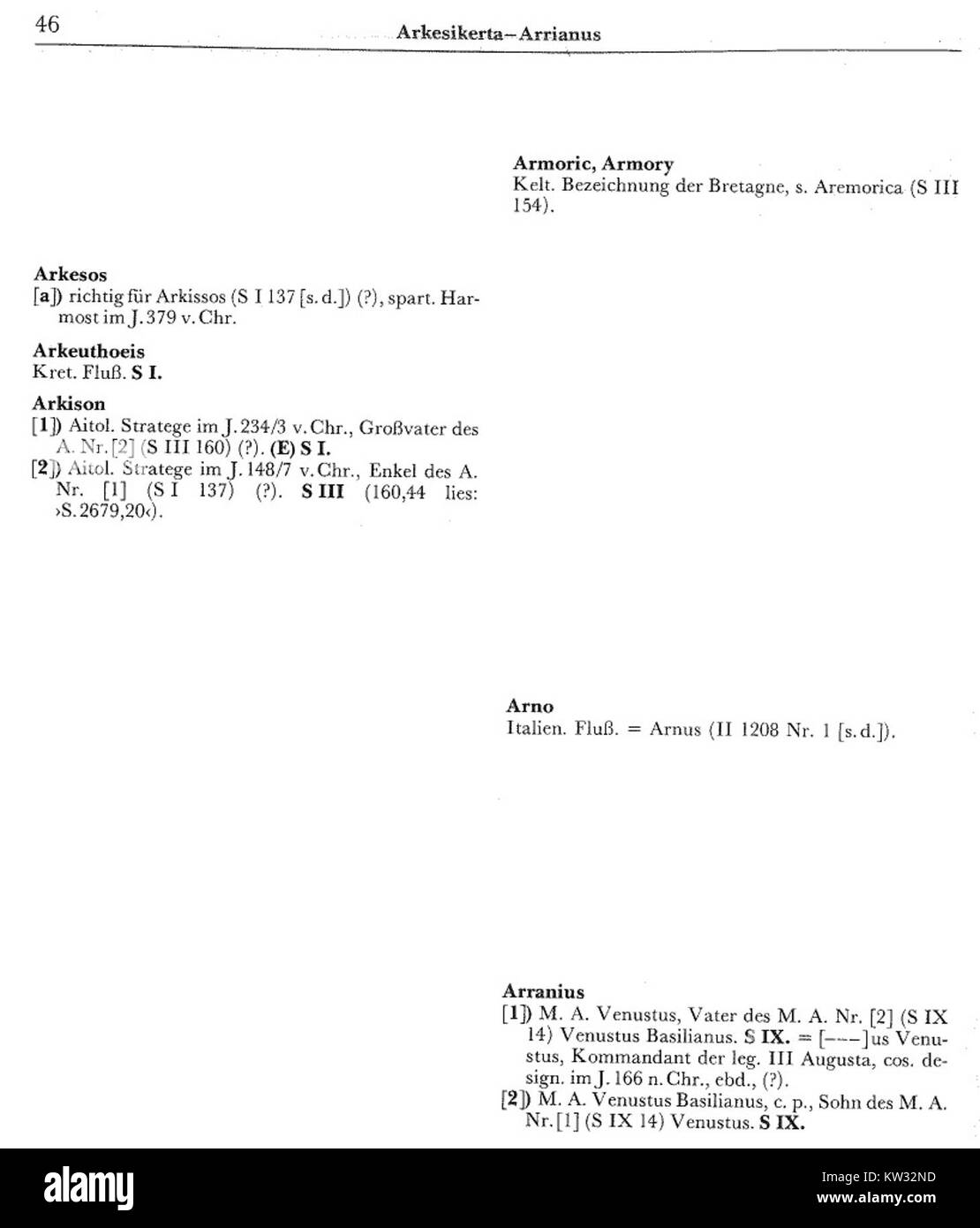 Il Pauly-Wissowa Realencyclopädie der klassischen Altertumswissenschaft (R) è una risorsa autorevole che copre gli studi antichi. Questa voce specifica (0046) include una ricerca completa sull'antichità classica, concentrandosi su figure storiche, eventi e contributi culturali del mondo antico. Foto Stock