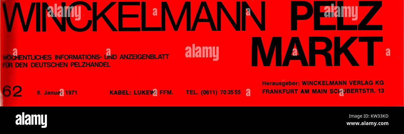 La prima pagina di un giornale tedesco sul commercio delle pellicce dell'8 gennaio 1971 presenta Winckelmann Pelzmarkt, che mette in evidenza l'industria e il commercio delle pellicce in Germania durante il periodo. La pubblicazione funge da istantanea storica del commercio, riflettendo l'importanza culturale ed economica del mercato delle pellicce in quel momento. Foto Stock