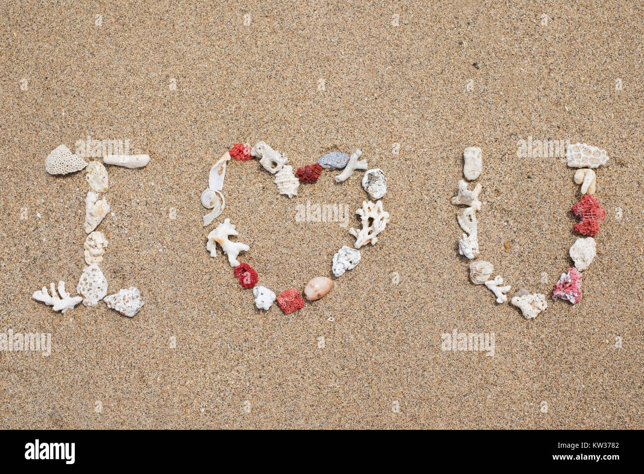Ti Amo realizzato dalla shell sulla spiaggia sabbiosa. Concetto di dating e sentimento romantico Foto Stock