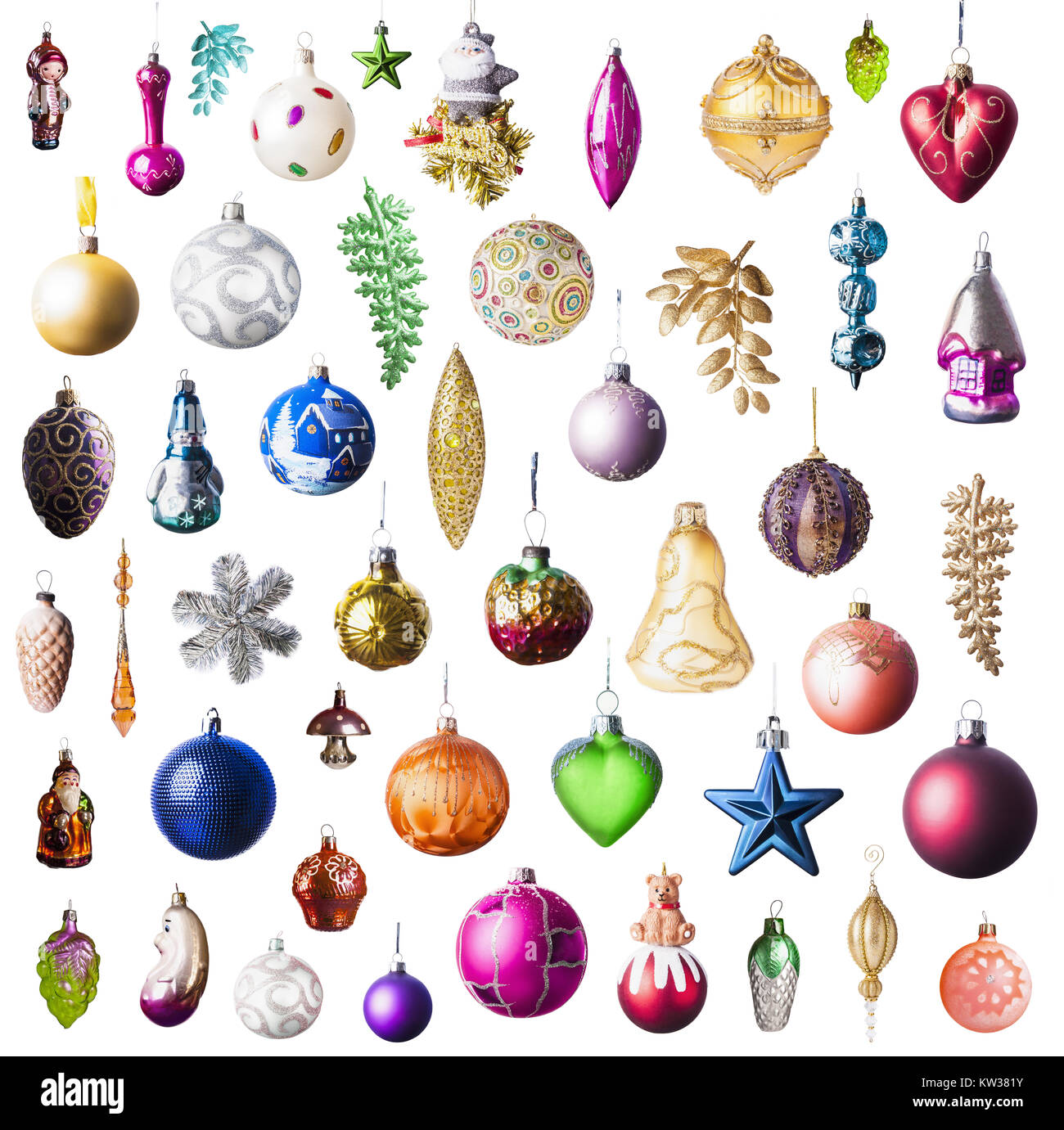 Collezione di giocattoli di Natale per l'albero di Natale isolato su sfondo bianco Foto Stock