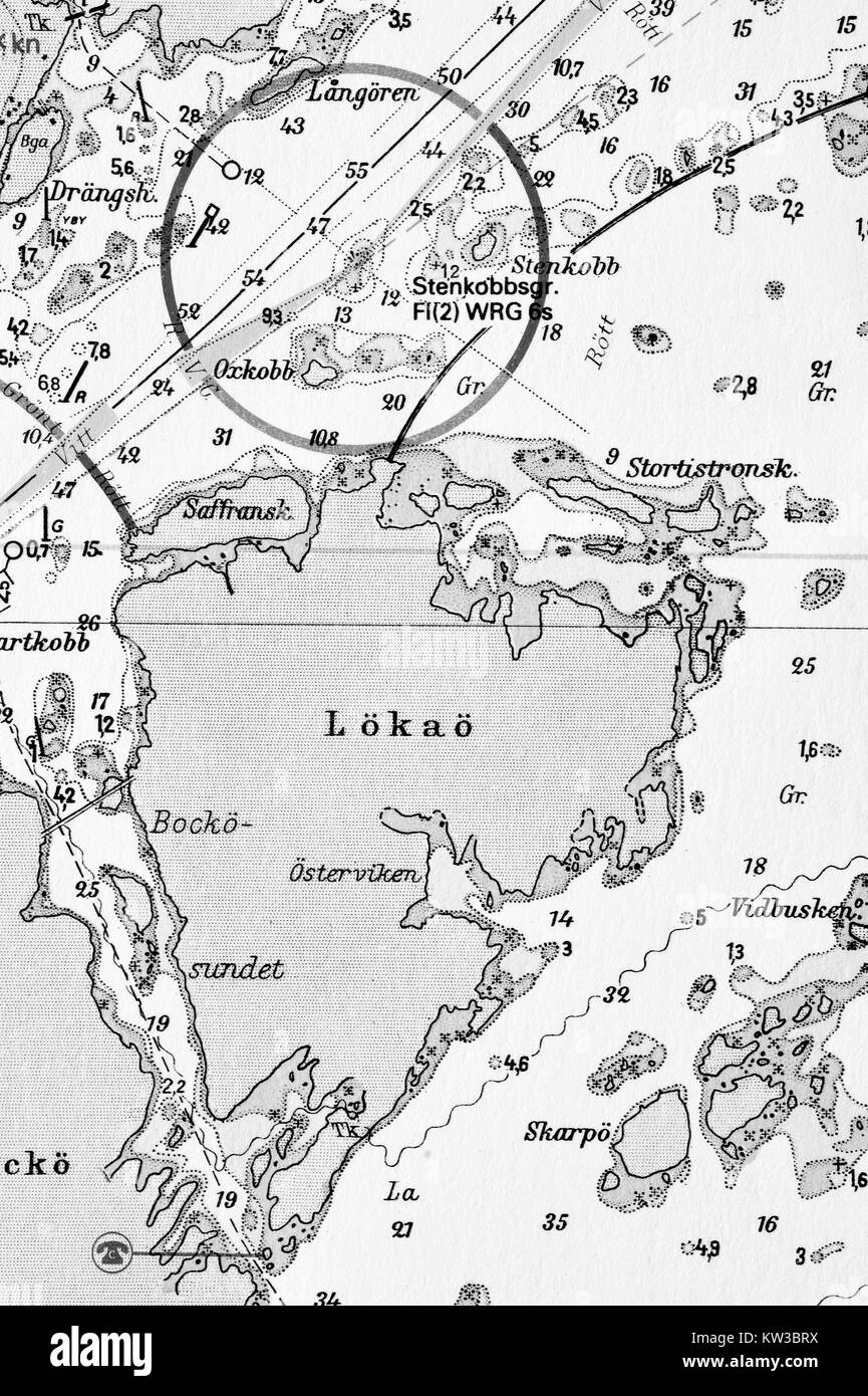 Ripresa macro di un vecchio diagramma di Marino, dettagliando arcipelago di Stoccolma Foto Stock