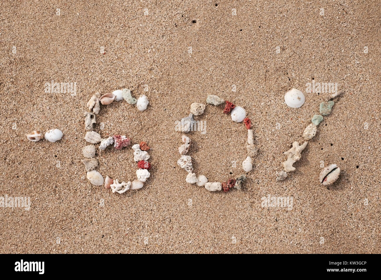 Testo 60 percentuali sulla sabbia fatta da shell sul litorale. Concetto di grande vendita o venerdì nero Foto Stock