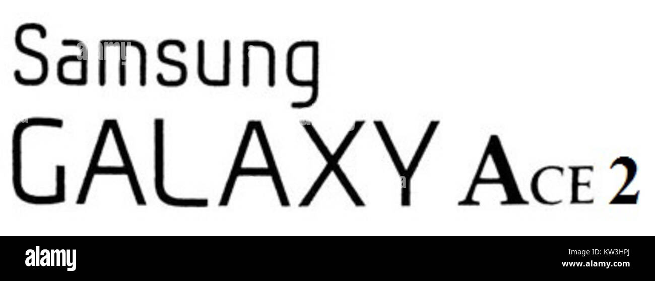 Il logo Samsung Galaxy Ace 2 rappresenta il marchio dello smartphone, un dispositivo di fascia media noto per il suo design funzionale e la sua tecnologia. Il logo simboleggia la linea di prodotti all'interno della gamma di dispositivi mobili Samsung. Foto Stock