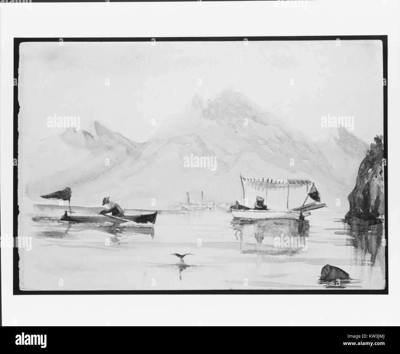 Questa immagine tratta da uno sketch book svizzero del 1869 raffigura barche su un lago di montagna, mostrando il tranquillo paesaggio e le attività nautiche del tempo. Foto Stock