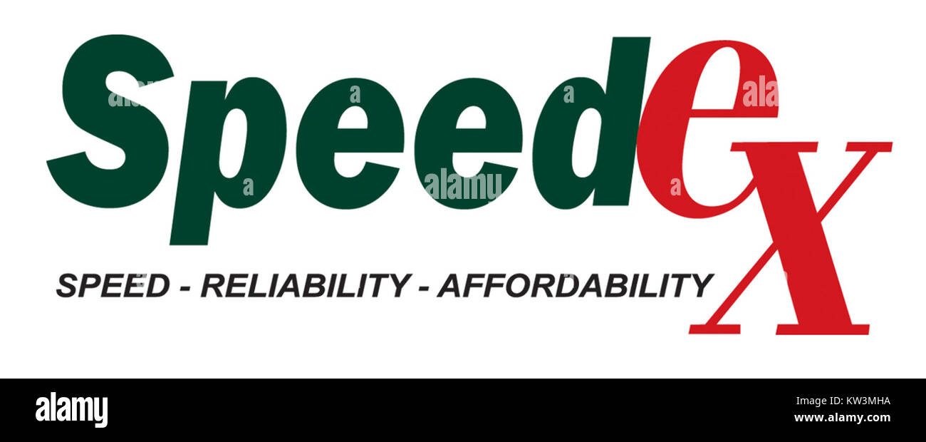 Il logo Speed Ex rappresenta l'identità del marchio di Speed Ex, un'azienda probabilmente coinvolta nella logistica o nei servizi espressi. Il logo funge da rappresentazione visiva dei servizi dell'azienda e della sua identità aziendale. Foto Stock