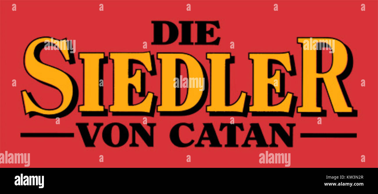 Il logo di "Siedler von Catan" (coloni di Catan), un popolare gioco da tavolo tedesco, rappresenta l'attenzione del gioco sulla strategia, la gestione delle risorse e la costruzione di insediamenti. La sua iconografia evidenzia aspetti chiave come strade, insediamenti e l'isola di Catan. Foto Stock