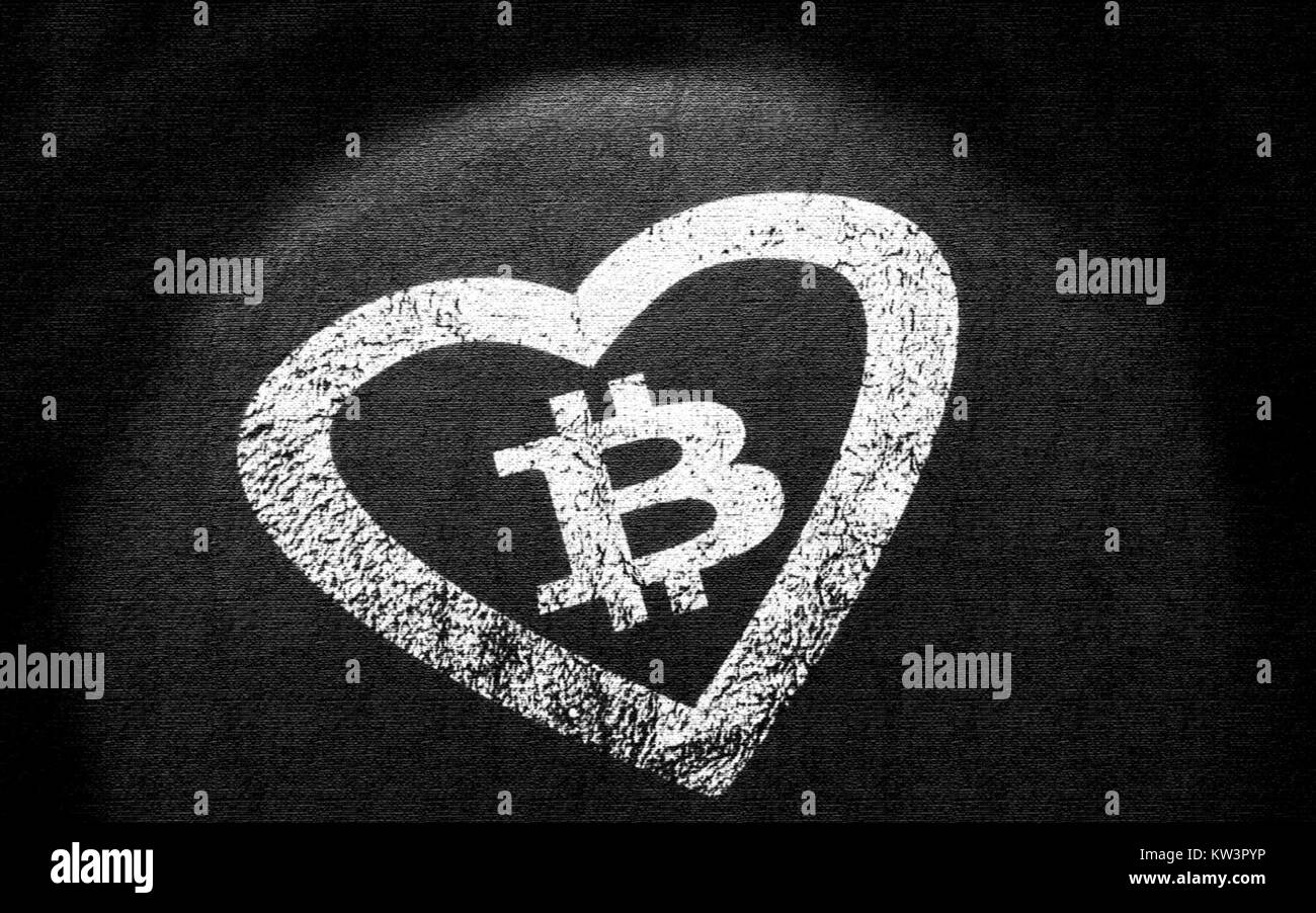 L'immagine presenta un logo Bitcoin disegnato a forma di cuore, su un solido sfondo nero. Ciò rappresenta il crescente significato della criptovaluta nelle economie moderne. Foto Stock