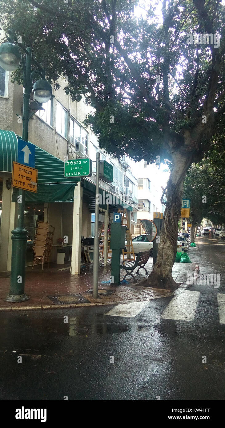 Una foto scattata nell'ottobre 2015 a Bialik Street e Nordau Avenue a Ramat Gan, Israele, che mostra l'ambiente urbano e la vita di strada della città. Foto Stock