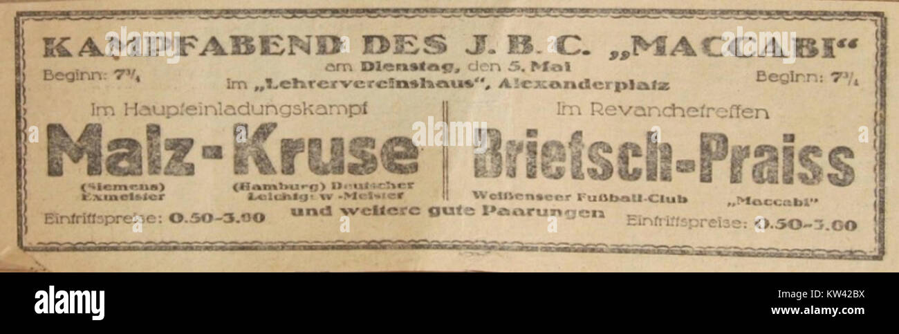 Lo spot di Malz Kruse per il pugilato è un annuncio storico che promuove un evento di pugilato. Fornisce informazioni sulla popolarità e il marketing degli eventi sportivi durante l'epoca. Foto Stock