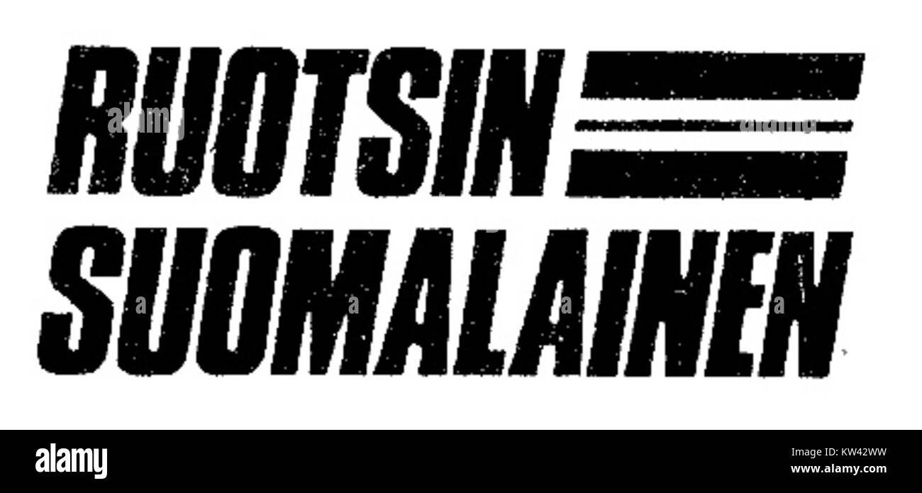 Il logo di "Ruotsin Suomalainen" della fine degli anni '1980 rappresenta la comunità finlandese-svedese, catturando l'identità culturale nei media di stampa durante quel periodo di tempo. Foto Stock