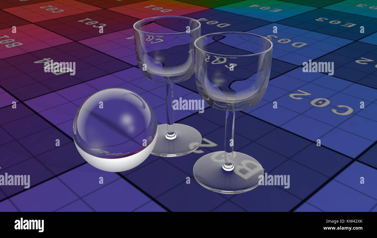 Blender3D Clear Glass senza AO v2.76b è una configurazione di rendering in Blender, una suite di creazione 3D. Questa impostazione si concentra sulla produzione di materiale in vetro trasparente senza occlusione ambientale (AO), spesso utilizzato per il rendering realistico nella modellazione 3D. Foto Stock