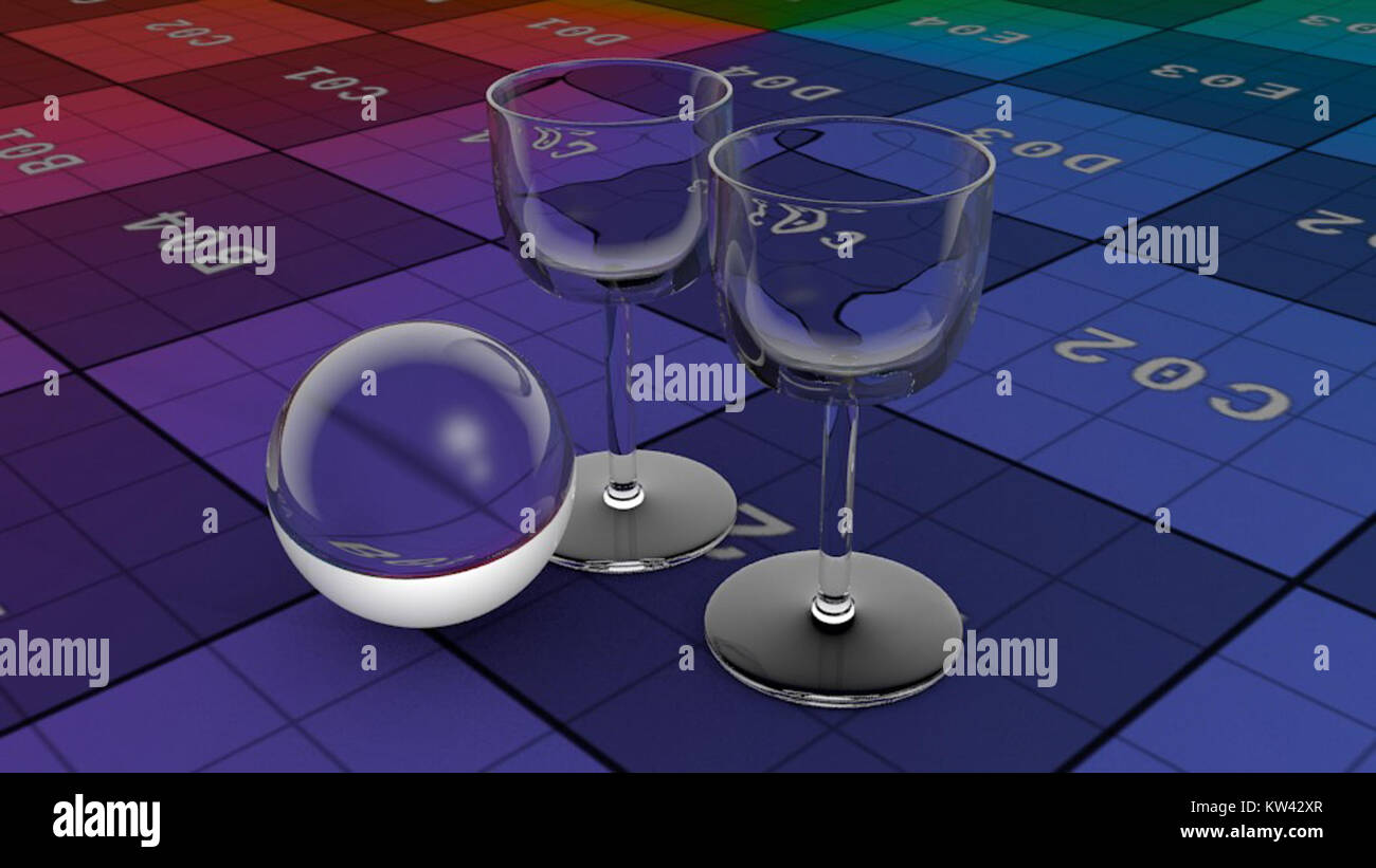 Blender3D Clear Glas con AO v2.76b è una versione del software Blender 3D utilizzata per creare modelli 3D realistici, concentrandosi in particolare sul rendering di vetro trasparente con occlusione ambientale per effetti di luce più realistici. Foto Stock