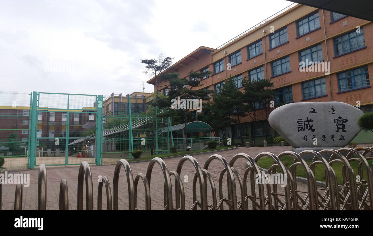 La Biryong Middle School è un'istituzione educativa probabilmente situata in Corea del Sud, che fornisce istruzione secondaria e funge da centro accademico per la comunità locale. Foto Stock