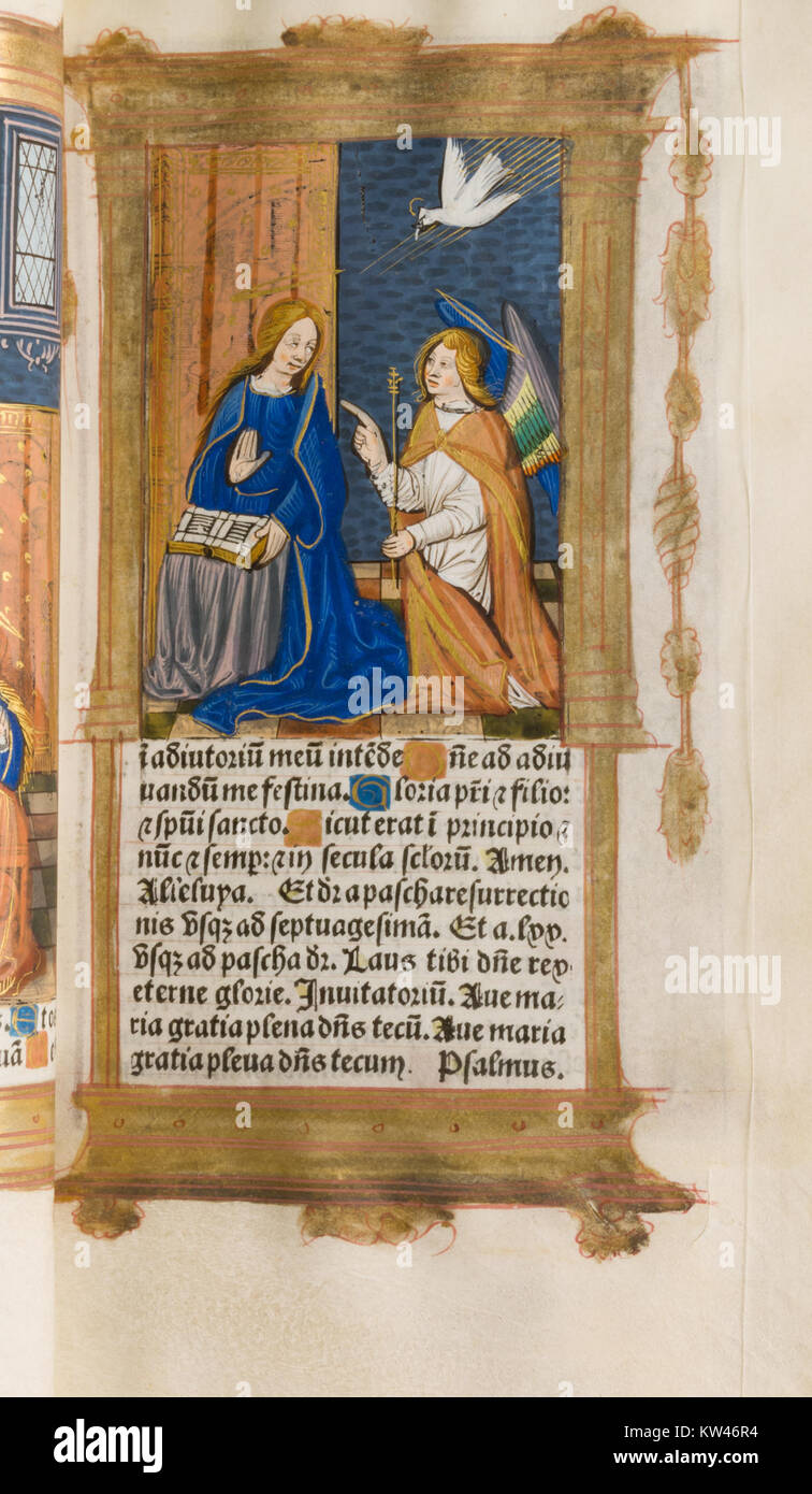 Fotografia di un Libro delle ore, un manoscritto medievale miniato, ospitato nella collezione MET, che mostra intricate illustrazioni religiose. Foto Stock