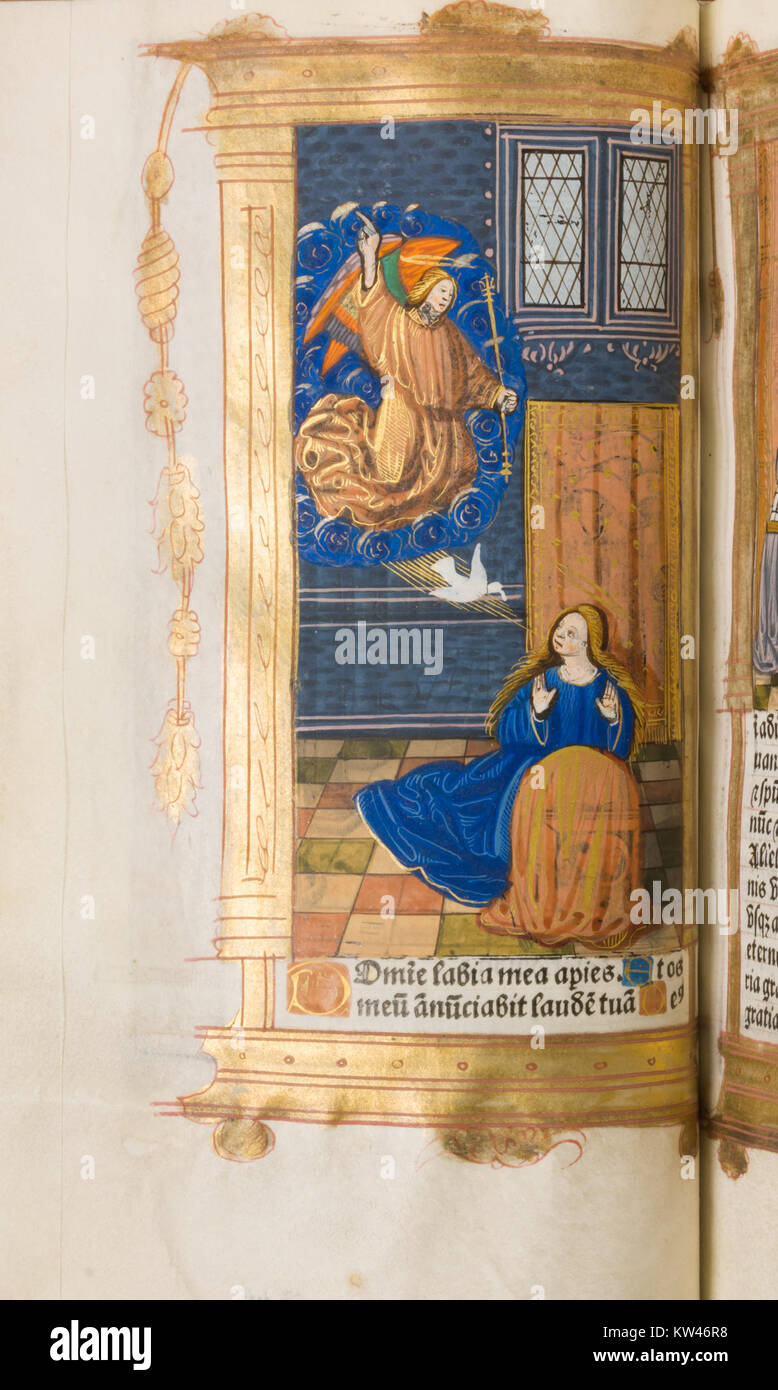 Questo "Libro delle ore" è un manoscritto francese risalente al 1518-21, prodotto da Gilles e Germain Hardouyn. Presenta illustrazioni su legno che sono state illuminate a mano con tempera, inchiostro e oro su pergamena, misurando 1/8 x 3/4 pollici. Foto Stock