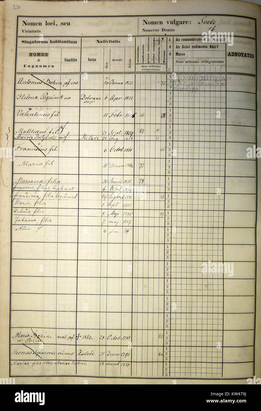 Lo "status animarum Dobrave 26" è un documento che descrive dettagliatamente il censimento delle anime di Dobrave, fornendo informazioni sulla composizione demografica e religiosa della comunità. Foto Stock