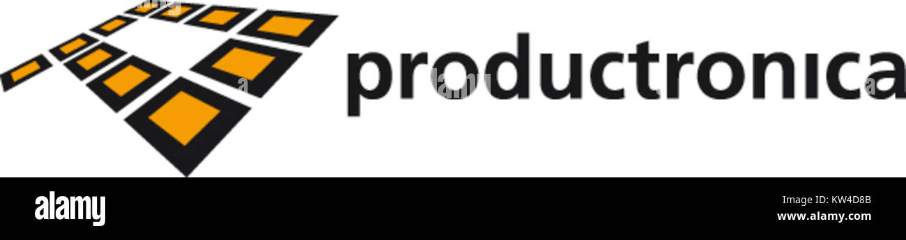 Il logo Productronica rappresenta la fiera mondiale per la produzione di elettronica. Simboleggia la convergenza tra innovazione, tecnologia e industria nel settore dell'elettronica, mostrando progressi all'avanguardia nella tecnologia di produzione. Foto Stock
