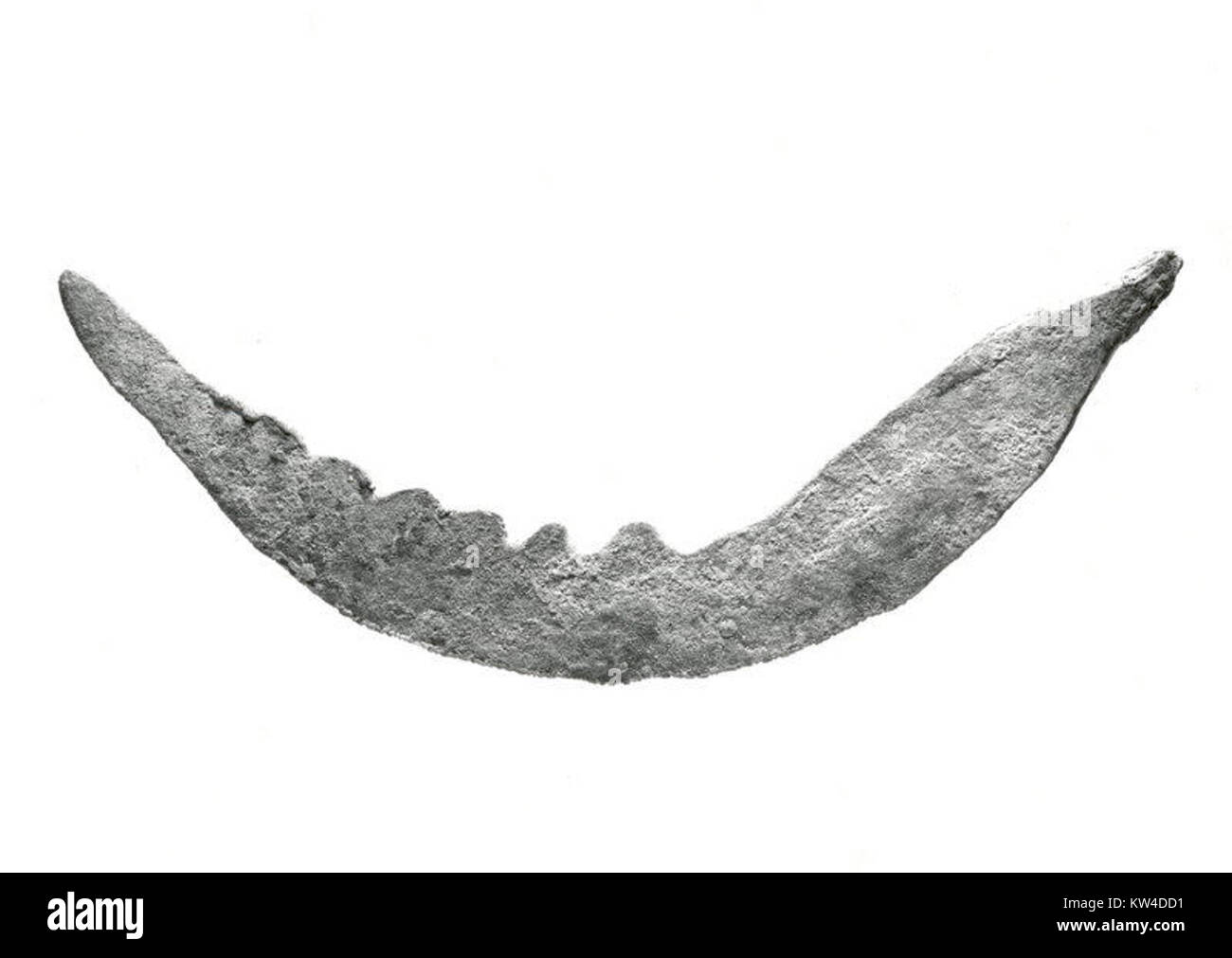 Questa lama, parte della collezione del Metropolitan Museum of Art, è un notevole manufatto che mostra armi antiche. La lama mette in evidenza i progressi tecnologici e le abilità nella lavorazione dei metalli della sua cultura, riflettendo le pratiche belliche del periodo. Foto Stock