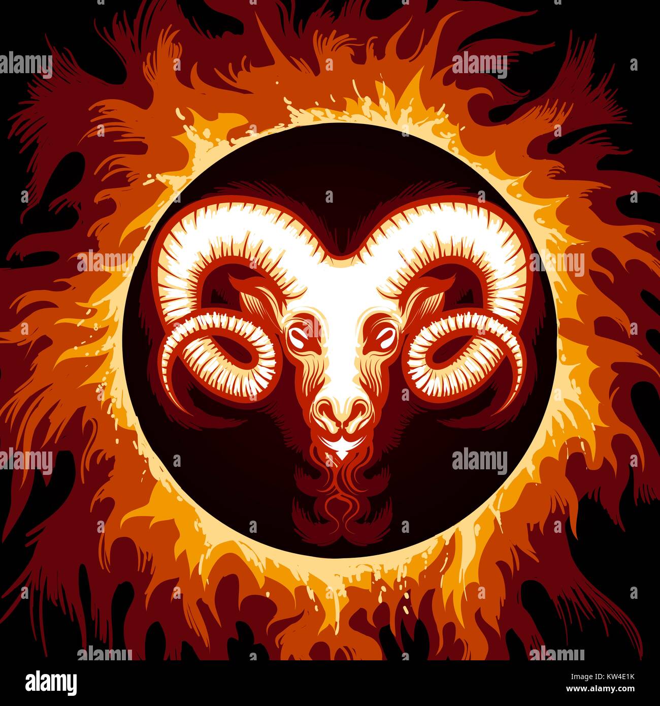 Testa di ariete nella fiamma. Il simbolo dello zodiaco Ariete a fuoco lo sfondo. Illustrazione Vettoriale. Illustrazione Vettoriale