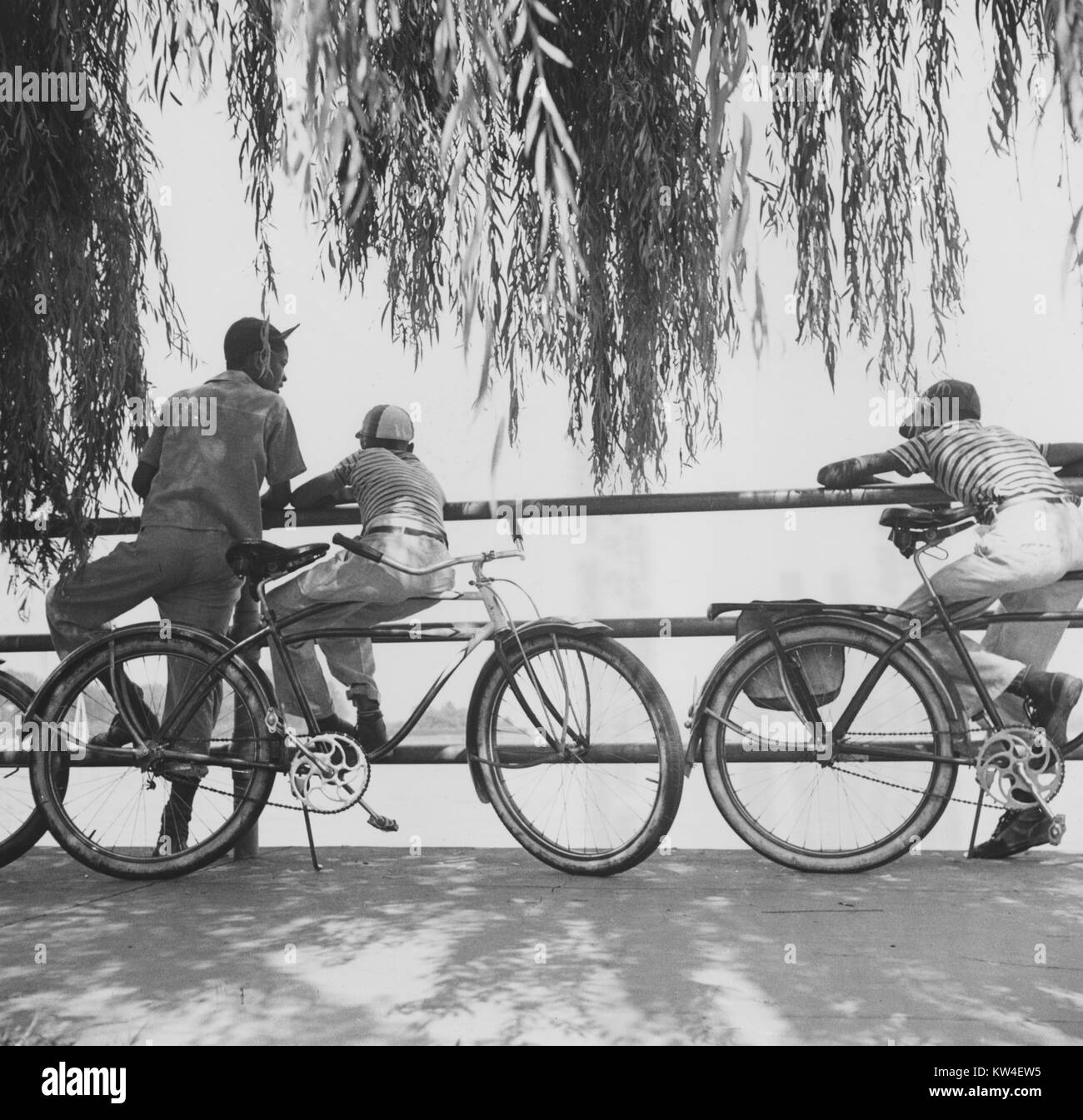 Vacanze in tempo di guerra, domenica i ciclisti guardando velieri a Haines punto, Washington, DC, 1941. Dalla Biblioteca Pubblica di New York. Foto Stock