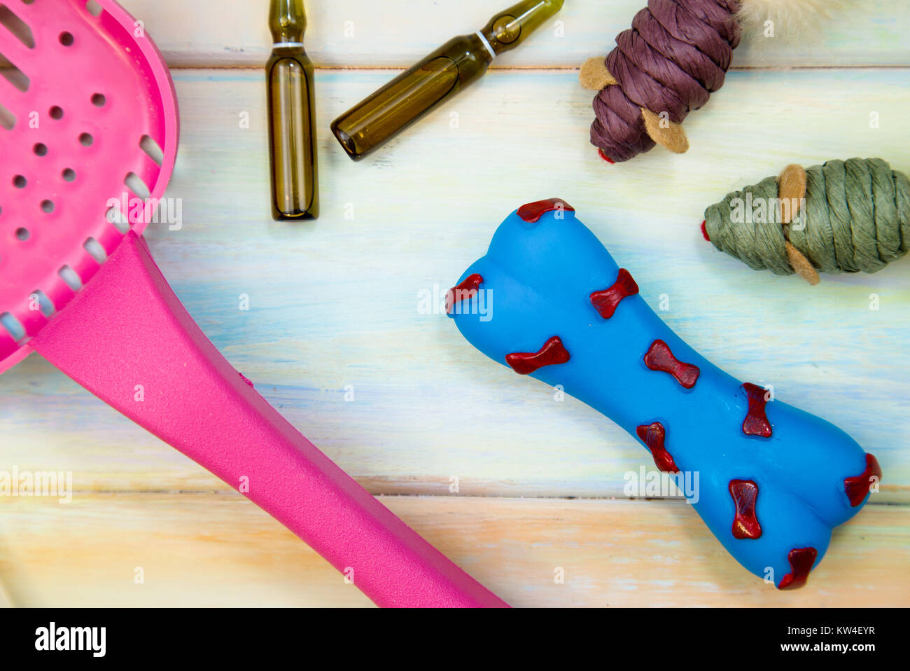 Pet care voci impostano- una rosa lettiera di gatto, una gomma skueaky toy osso, topi e ampouls di medicina su una luce colorata sullo sfondo di legno, vicino. Foto Stock