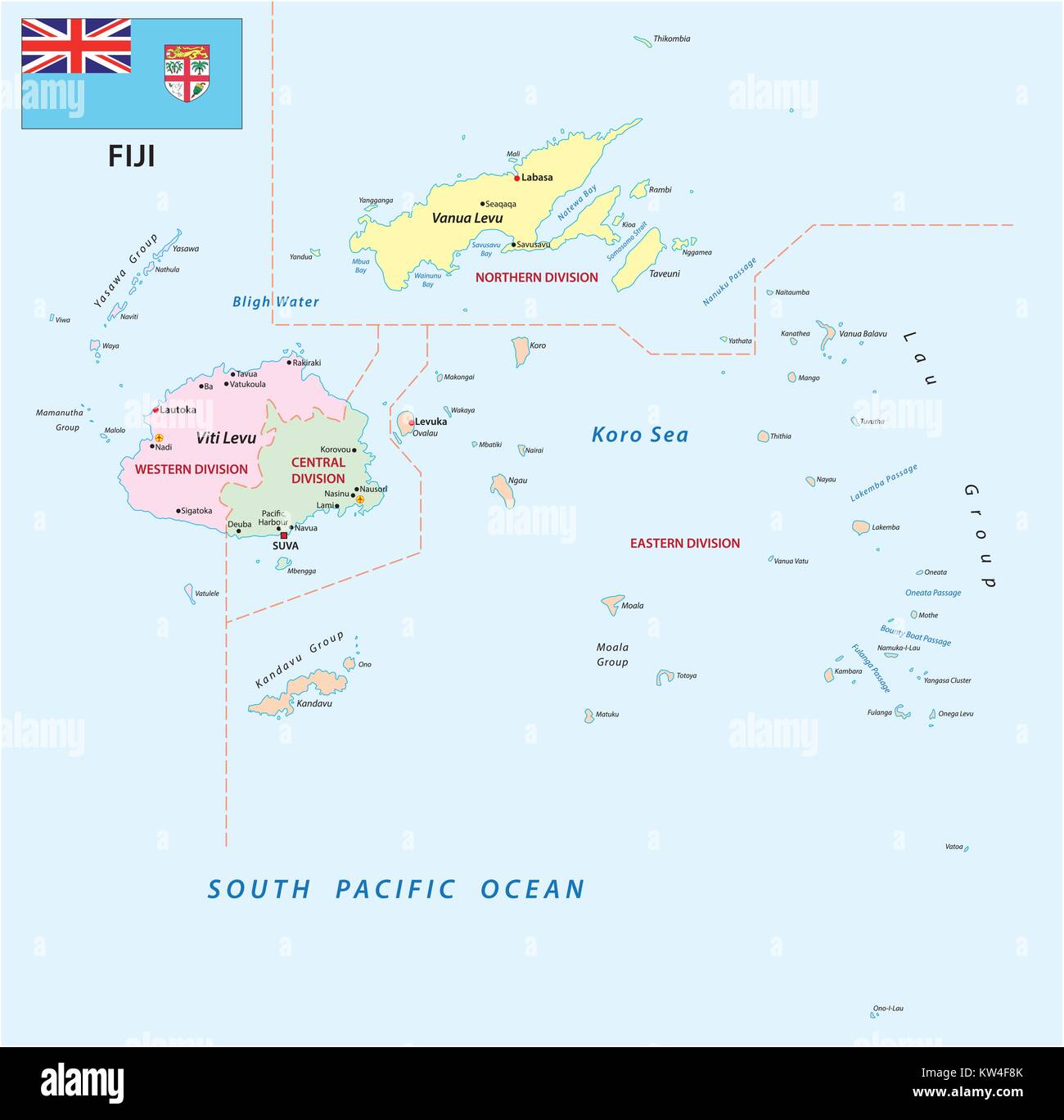 Repubblica di Figi politica e amministrativa di mappa vettoriale con bandiera Illustrazione Vettoriale