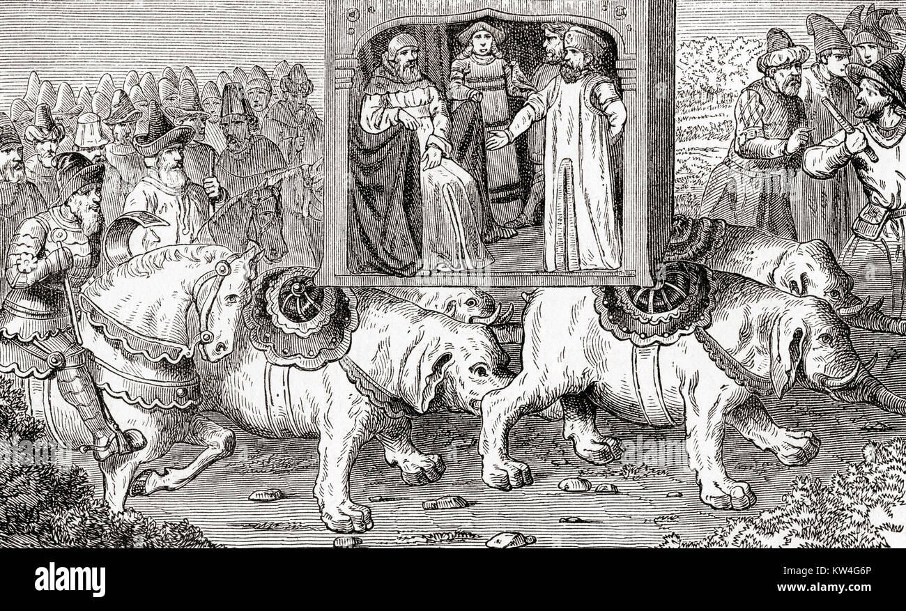 Kublai Khan caccia, trasportati in un palanquin portato da quattro caparisoned elefanti. Kublai, quinto Khagan (Gran Khan) dell'Impero Mongolo. Da Ward e bloccare la storia illustrata del mondo, pubblicato c.1882. Foto Stock