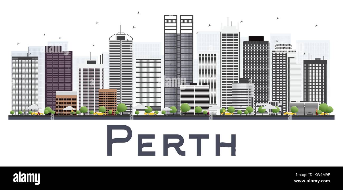 Perth Australia dello skyline della città con edifici grigi isolati su sfondo bianco. Illustrazione Vettoriale. Viaggi di affari e di turismo con il concetto moderno di Ar Illustrazione Vettoriale