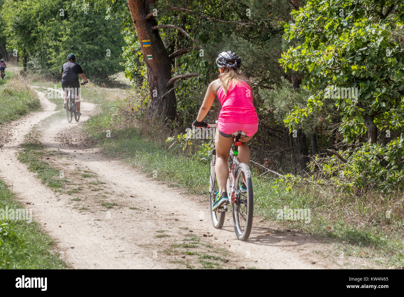 Parco nazionale di Podyjí, persone che pedalano su un sentiero, persone che viaggiano in bicicletta nella Repubblica Ceca Foto Stock