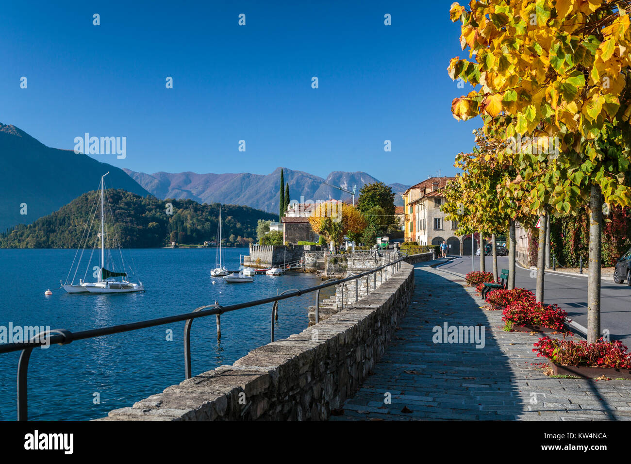 Il lago di Como e il paese di Tremezzo, Lombardia, Italia, Europa. Foto Stock