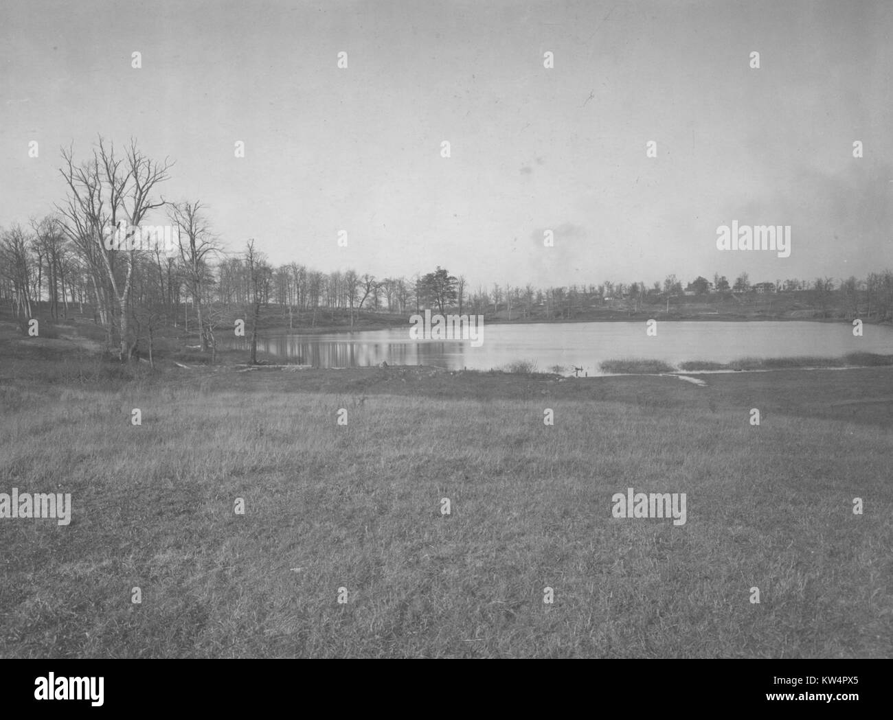 Argento serbatoio del Lago, Vista panoramica del lago d'argento prima di operazioni di costruzione iniziò, New York, 1913. Dalla Biblioteca Pubblica di New York. Foto Stock