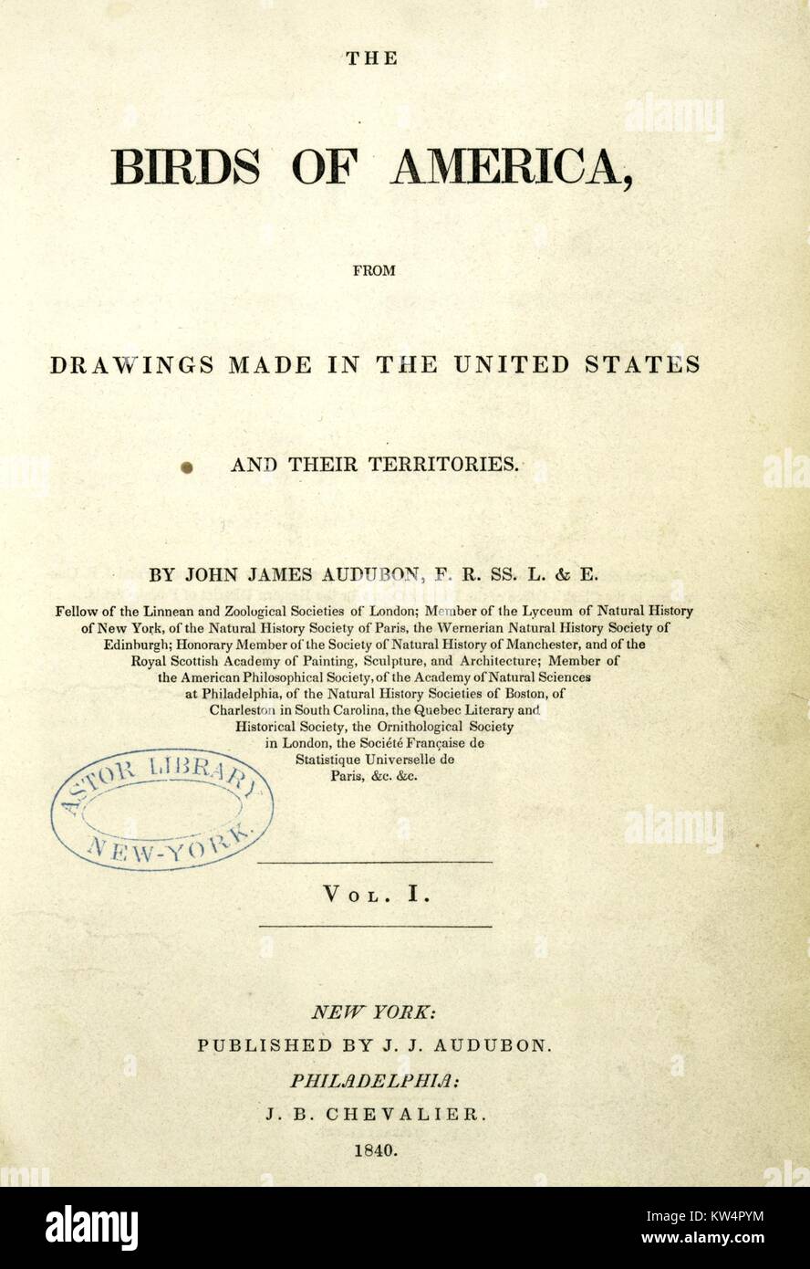 Pagina del titolo per il libro di uccelli di America da John James Audubon, Stati Uniti, 1842. Dalla Biblioteca Pubblica di New York. Foto Stock