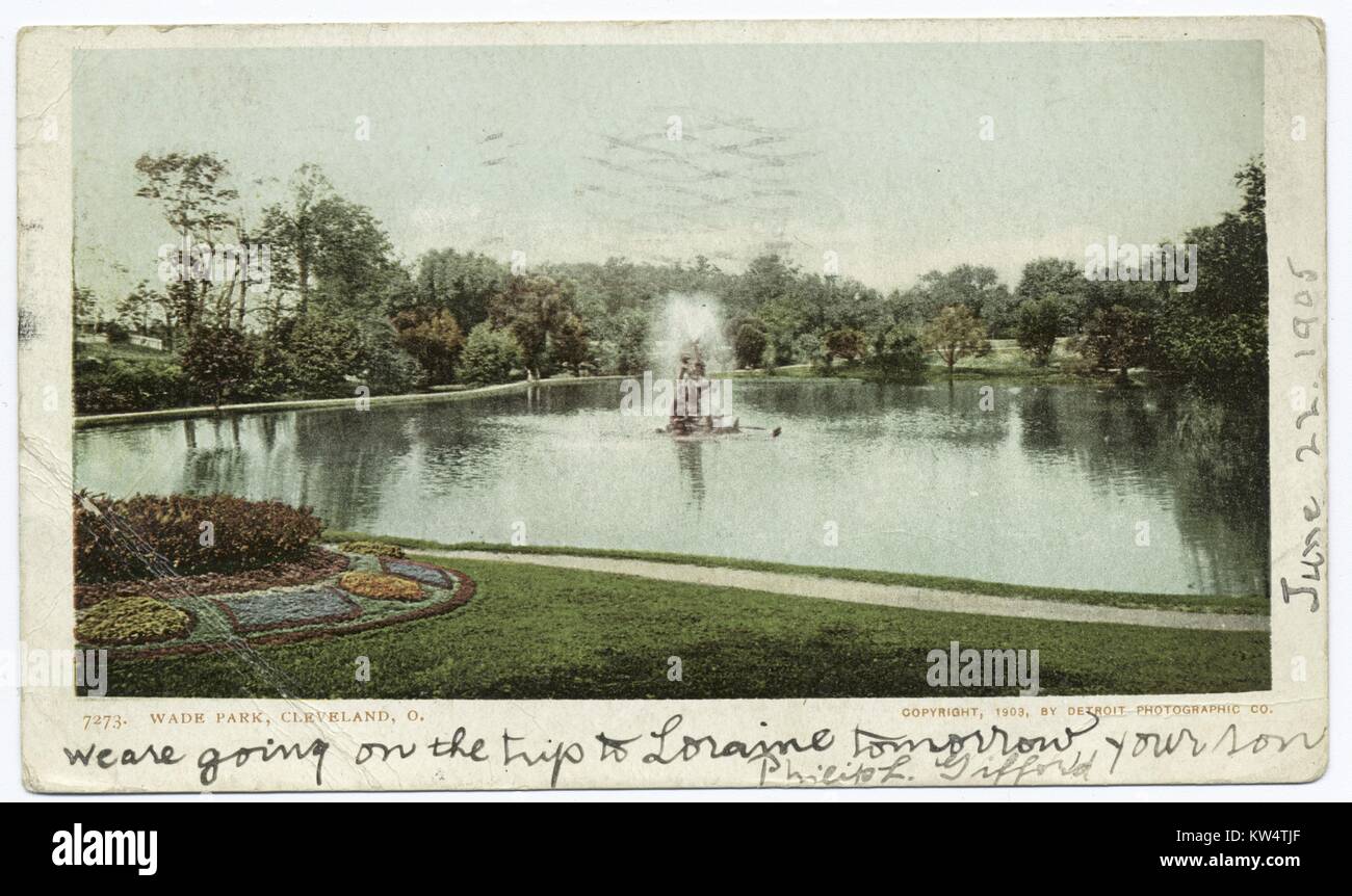 Cartolina di una fontana e di terreni di Wade Park, Cleveland, Ohio, 1903. Dalla Biblioteca Pubblica di New York. Foto Stock