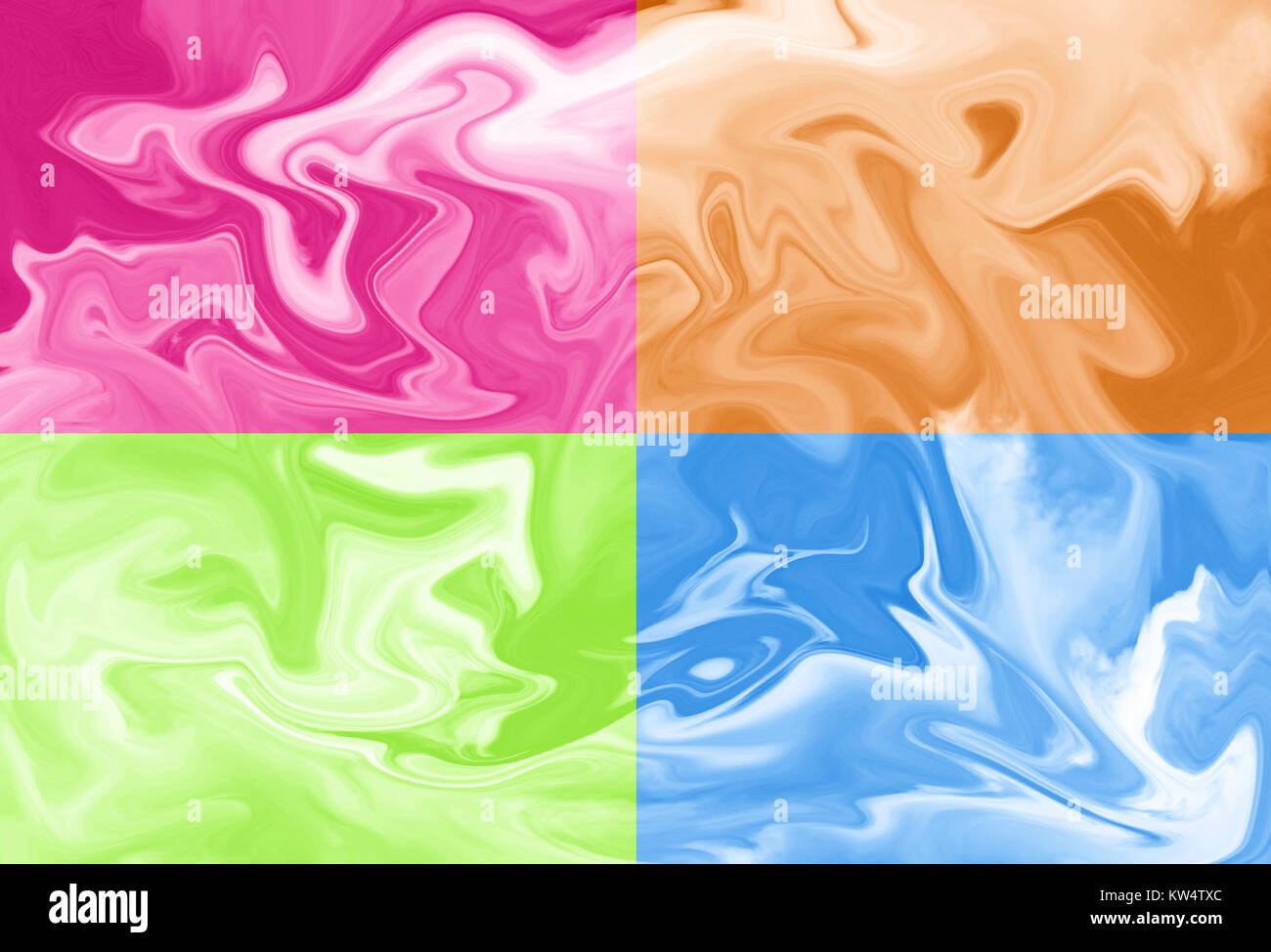 Quattro blocchi di colori diversi con volute di bianco in tutta in movimento Foto Stock