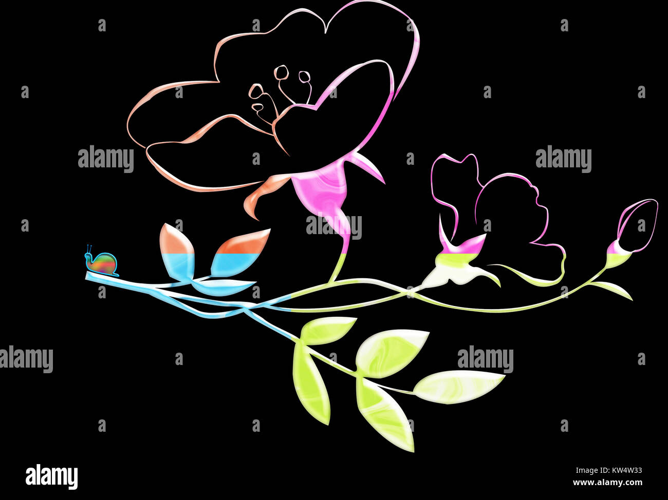 In fiori variopinti colori con una minuscola chiocciola seduti sulla fine del ramo Foto Stock
