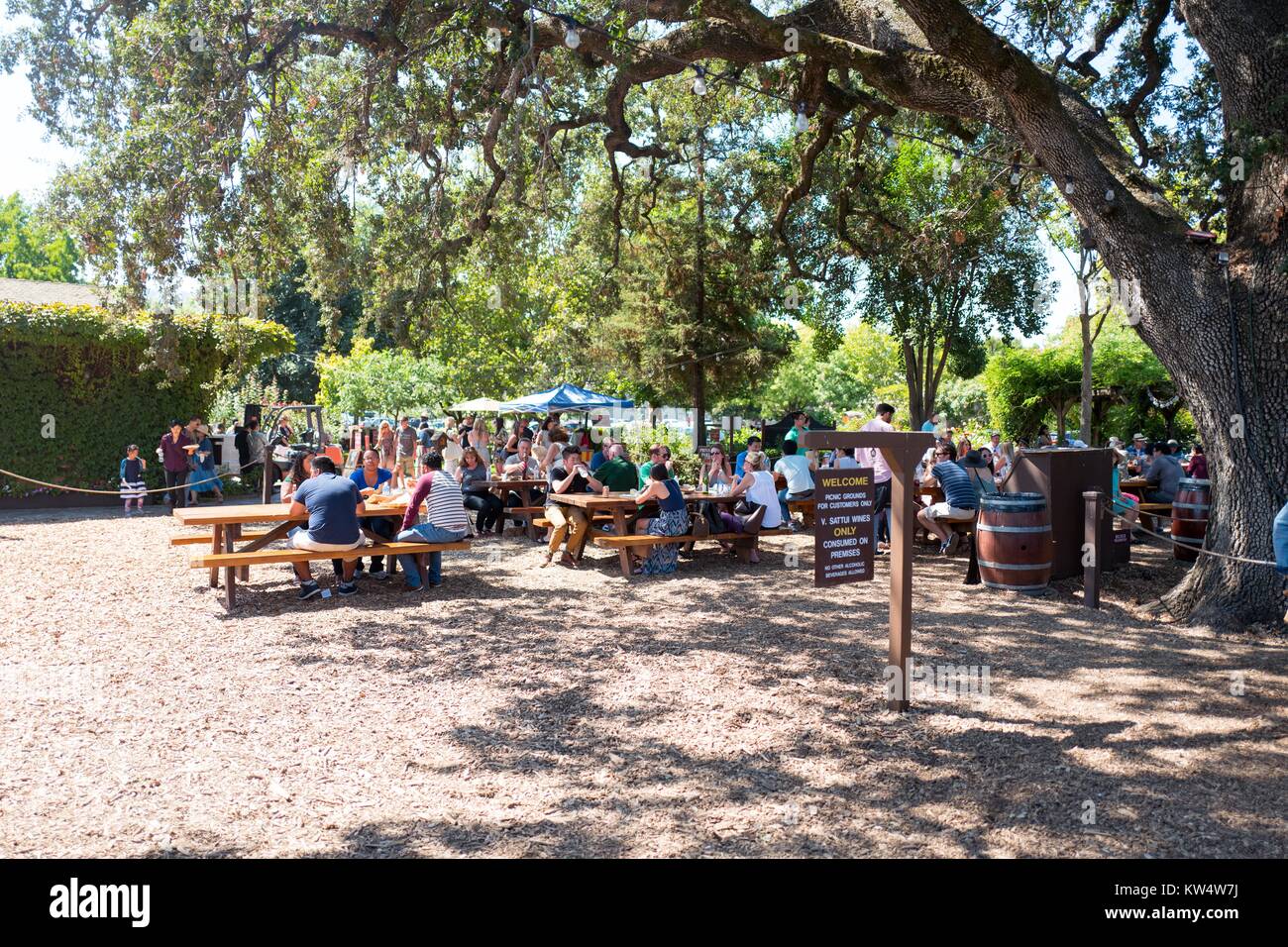 I clienti potrete cenare all'aperto, in una area picnic a V Sattui Winery in Napa Valley Wine Country, Saint Helena, Napa Valley, California, 10 settembre 2016. Foto Stock