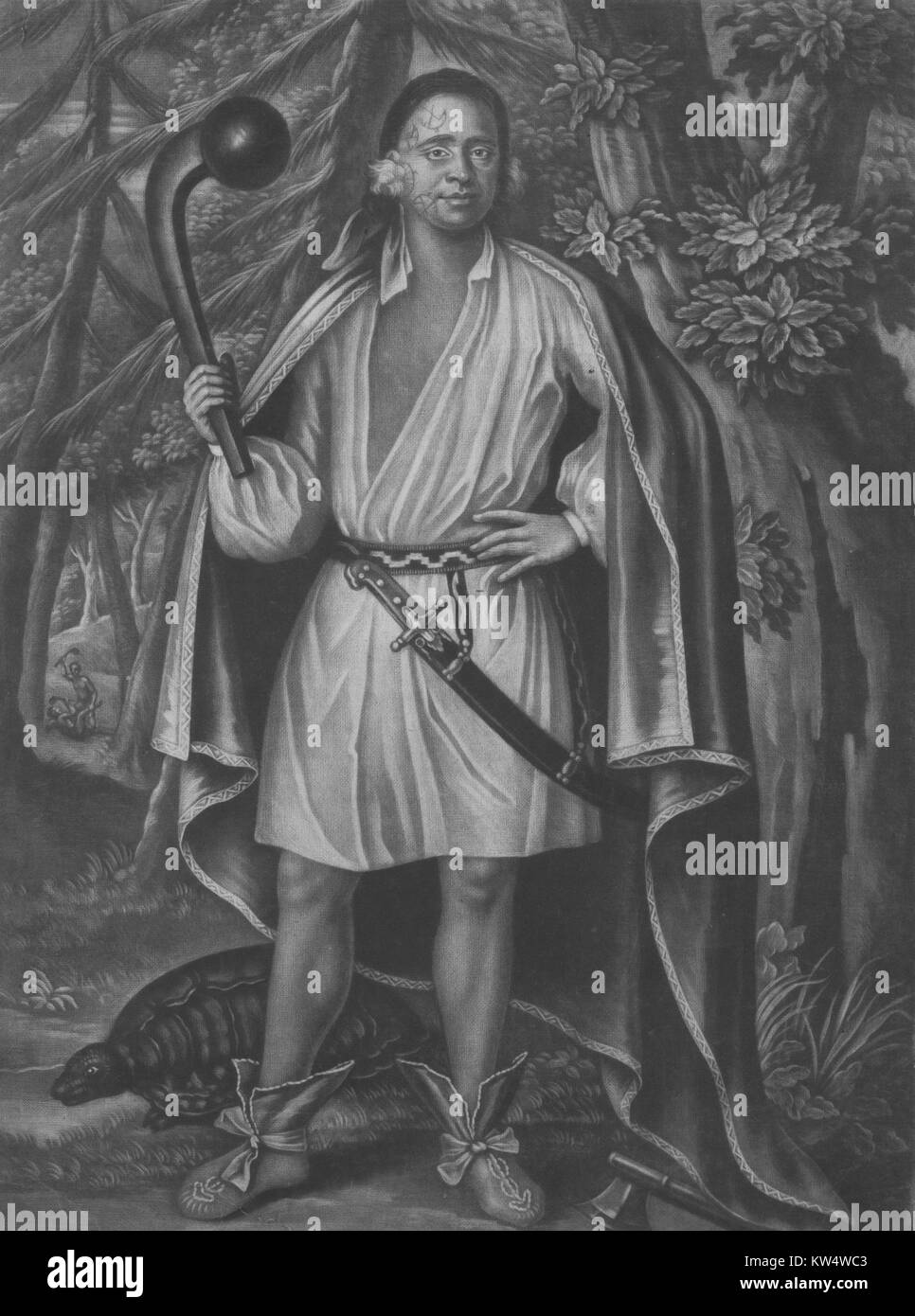 Ritratto di Etow Oh Koam, re del Fiume Nazione con tatuaggi sul viso, tenendo in mano un grande club, indossando una maglietta di caccia e coperta, una tartaruga di grandi dimensioni ai suoi piedi, 1710. () Foto Stock