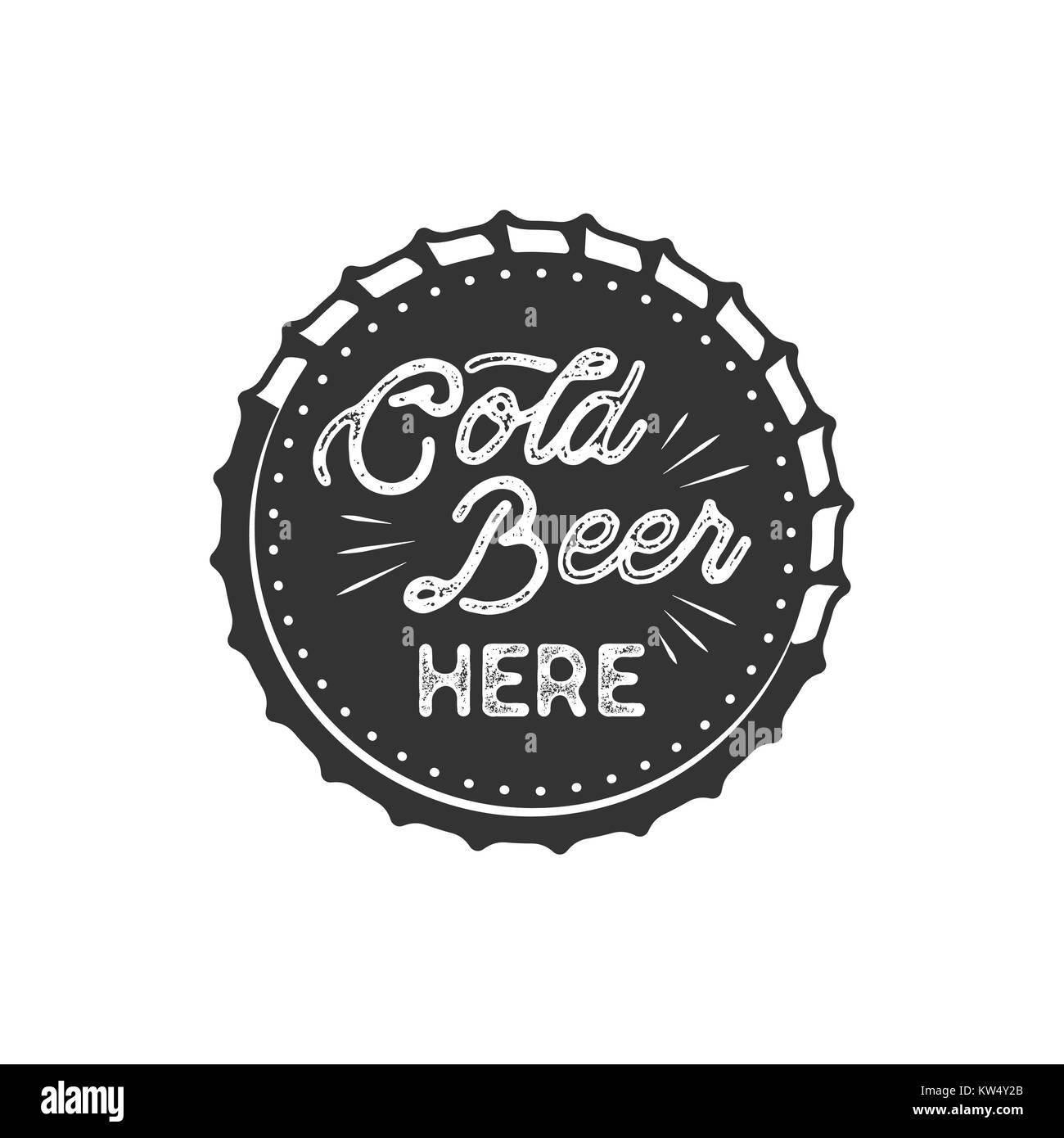 In stile vintage birra badge. Timbro di inchiostro design monocromatico. Birra fredda qui segno. La stampa tipografica effetto per t shirt stampa, logotipo, segnaletica. Il vettore isolato su sfondo bianco. Monocromatico Illustrazione Vettoriale