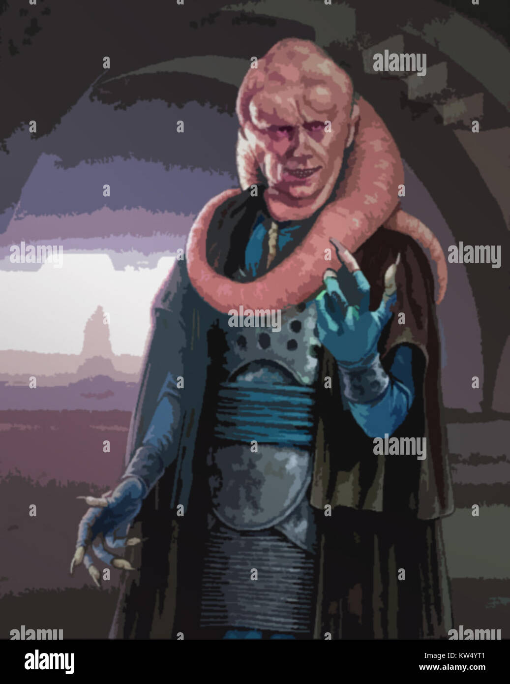 Bib fortuna, un personaggio del franchise di Star Wars, è noto per il suo aspetto distintivo come majordomo di Jabba the Hutt. Il ritratto raffigura le sue caratteristiche aliene, tra cui la sua lunga testa tentacolare e caratteristiche facciali uniche. Foto Stock