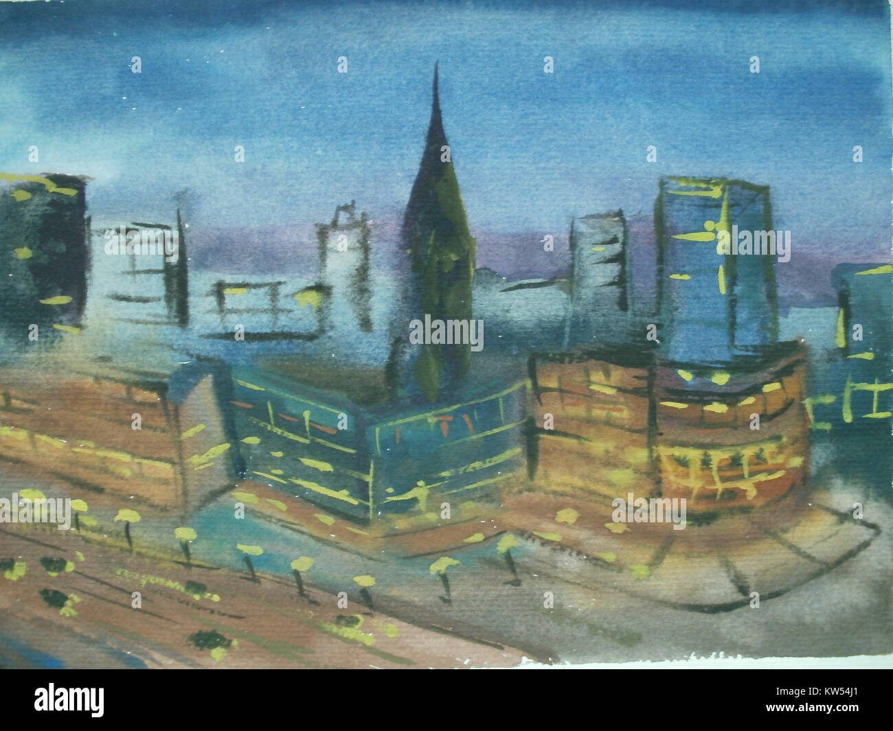 Una foto notturna di Birmingham, che mostra il suo paesaggio urbano, illuminato da lampioni, catturando l'essenza della città di notte. Foto Stock