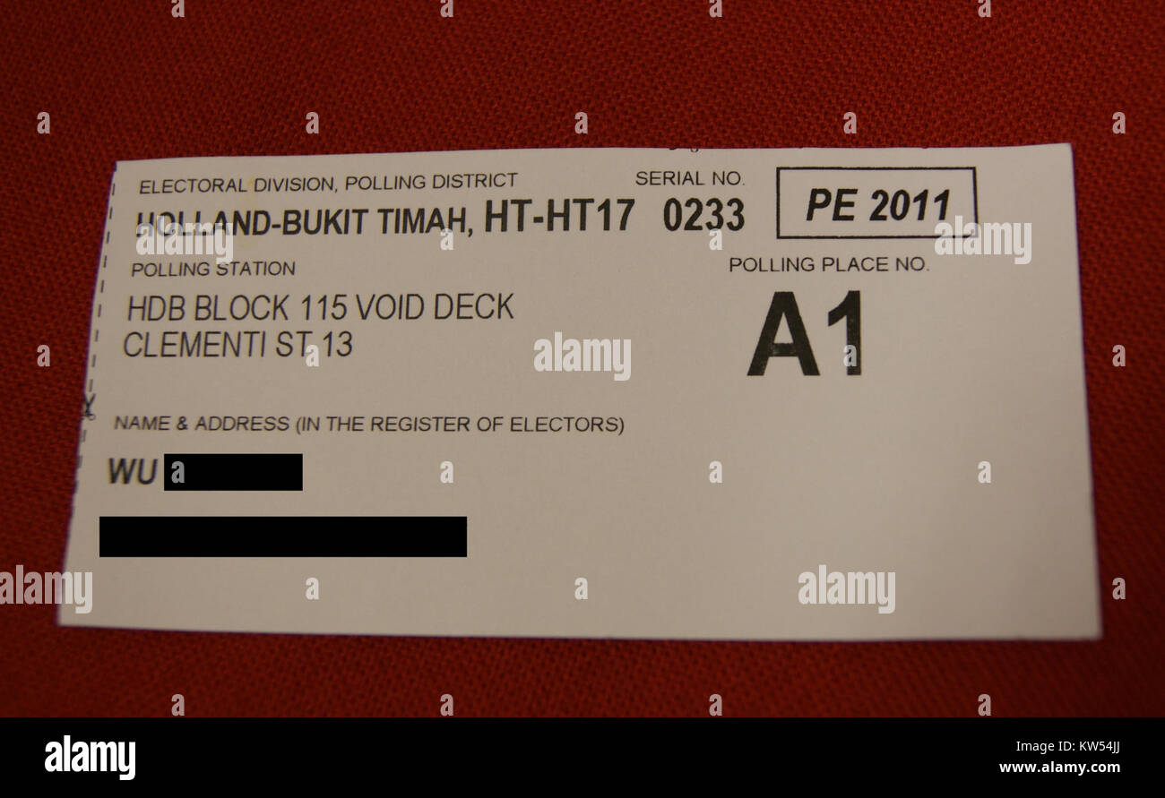Questa scheda elettorale delle elezioni presidenziali di Singapore del 2011 evidenzia il processo democratico utilizzato a Singapore. Le elezioni fanno parte del sistema politico nazionale. Foto Stock