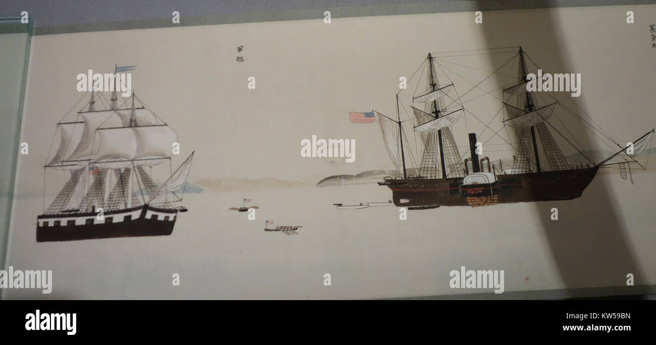Una fotografia delle navi nere, scattata nel 1854, visitata al Sanada Treasure Museum. L'immagine raffigura le iconiche navi arrivate in Giappone, segnando un significativo evento storico nella storia giapponese. Foto Stock