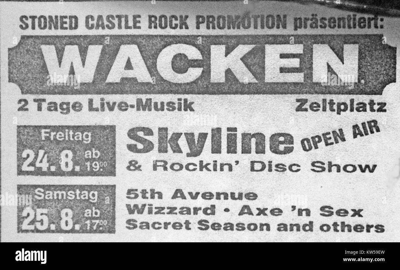 Un evento promozionale o materiale del 1990 relativo a Wacken, forse il Wacken Open Air festival, che è un famoso festival di musica heavy metal in Germania, noto per la sua storia e il suo impatto culturale. Foto Stock